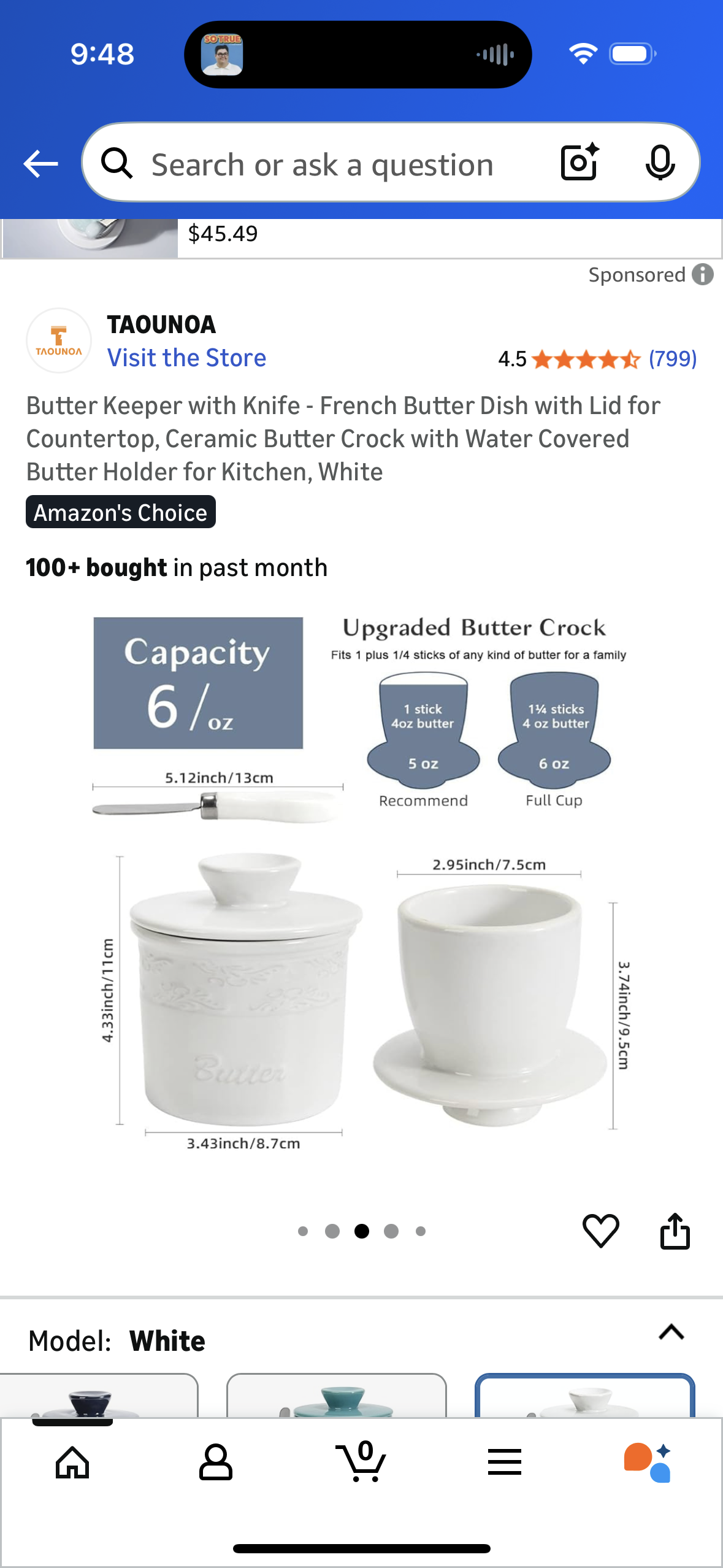 Butter Keeper with Knife - French Butter Dish with Lid for Countertop, Ceramic Butter Crock with Water Covered Butter Holder for Kitchen, White