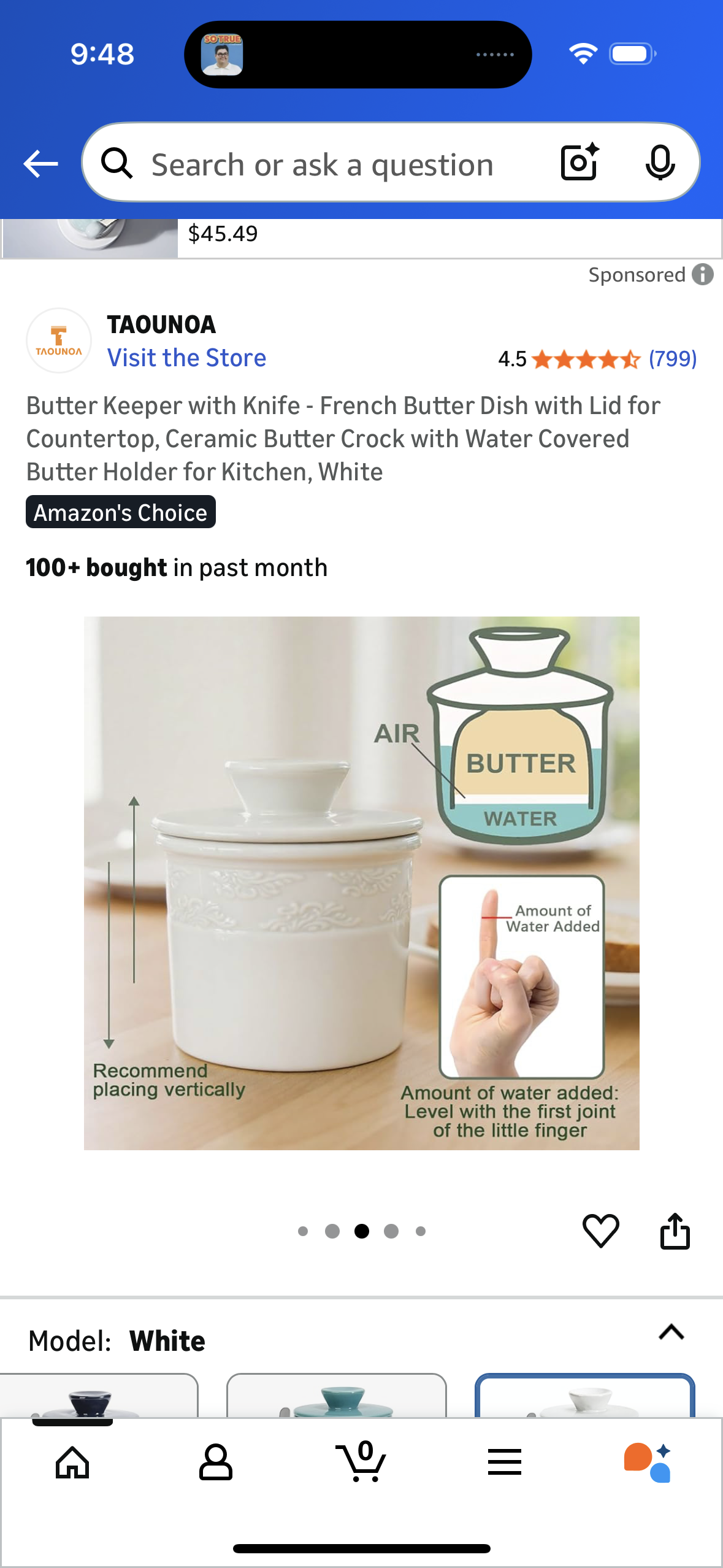 Butter Keeper with Knife - French Butter Dish with Lid for Countertop, Ceramic Butter Crock with Water Covered Butter Holder for Kitchen, White