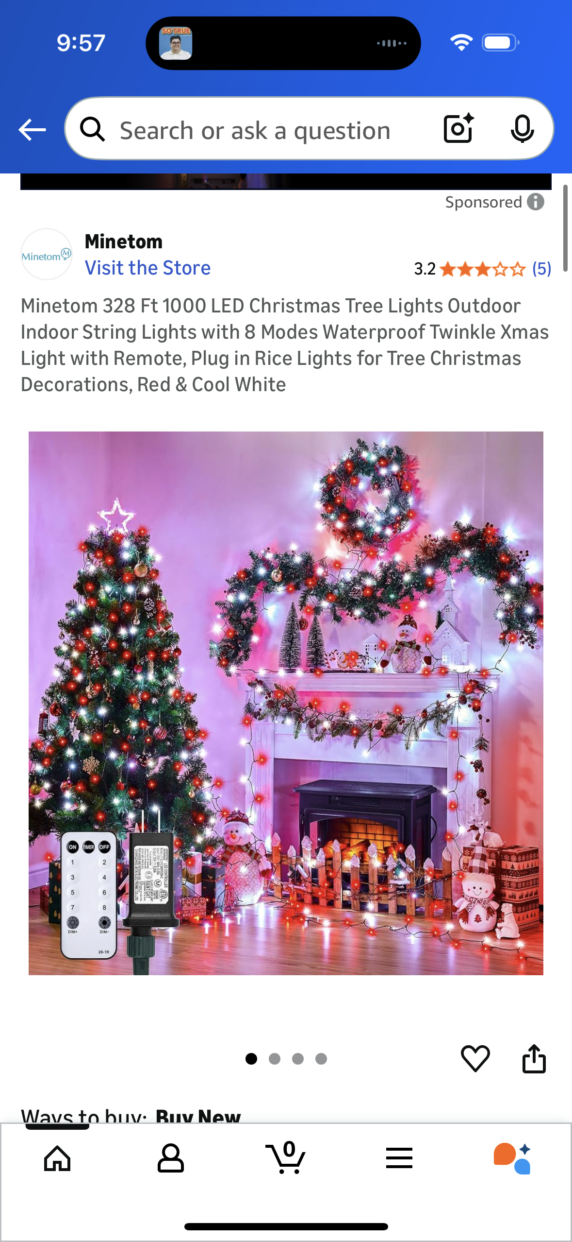 Minetom 328 Ft 1000 LED Christmas Tree Lights Outdoor Indoor String Lights with 8 Modes Waterproof Twinkle Xmas Light with Remote, Plug in Rice Lights for Tree Christmas Decorations, Red & Cool White