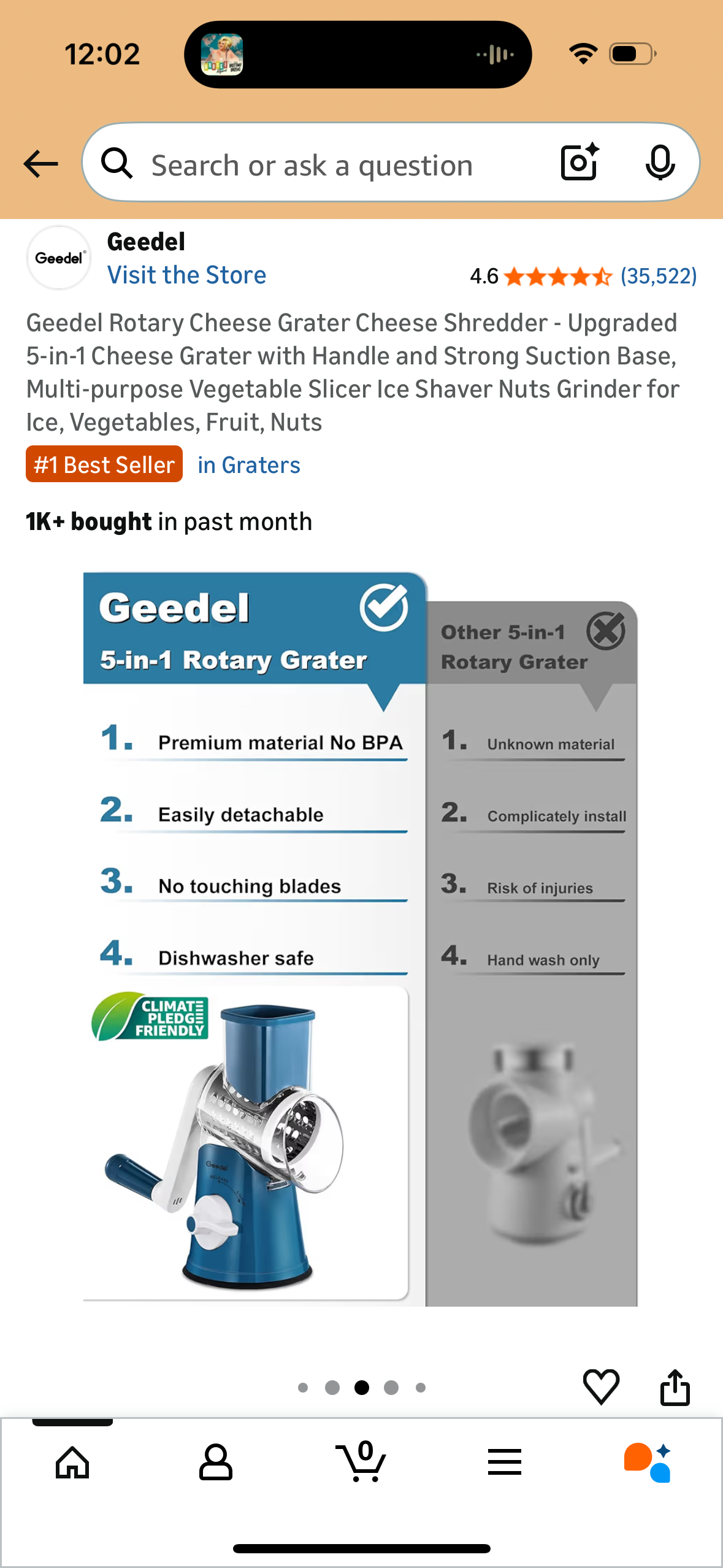 Geedel Rotary Cheese Grater Cheese Shredder - Upgraded 5-in-1 Cheese Grater with Handle and Strong Suction Base, Multi-purpose Vegetable Slicer Ice Shaver Nuts Grinder for Ice, Vegetables, Fruit, Nuts