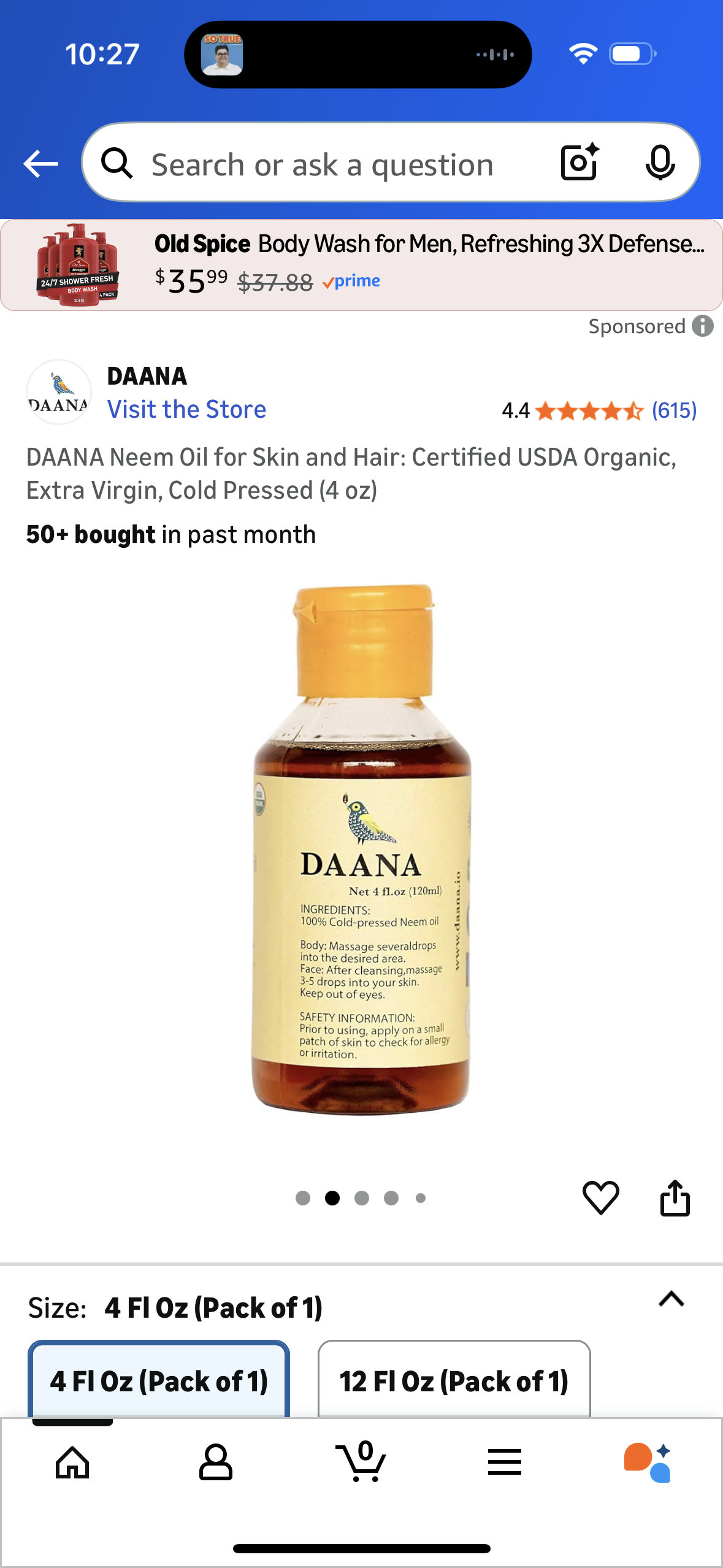 DAANA Neem Oil for Skin and Hair: Certified USDA Organic, Extra Virgin, Cold Pressed (4 oz)