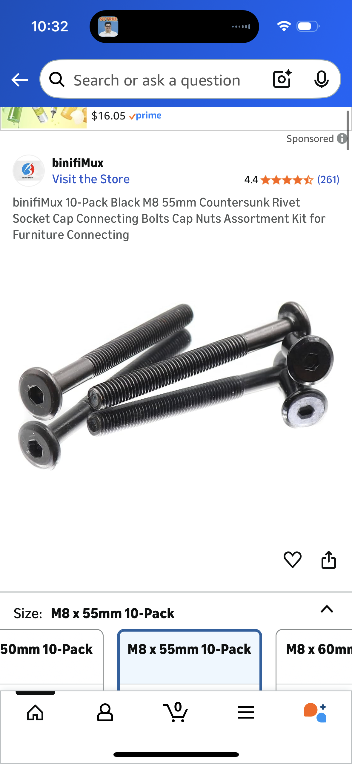 binifiMux 10-Pack Black M8 55mm Countersunk Rivet Socket Cap Connecting Bolts Cap Nuts Assortment Kit for Furniture Connecting