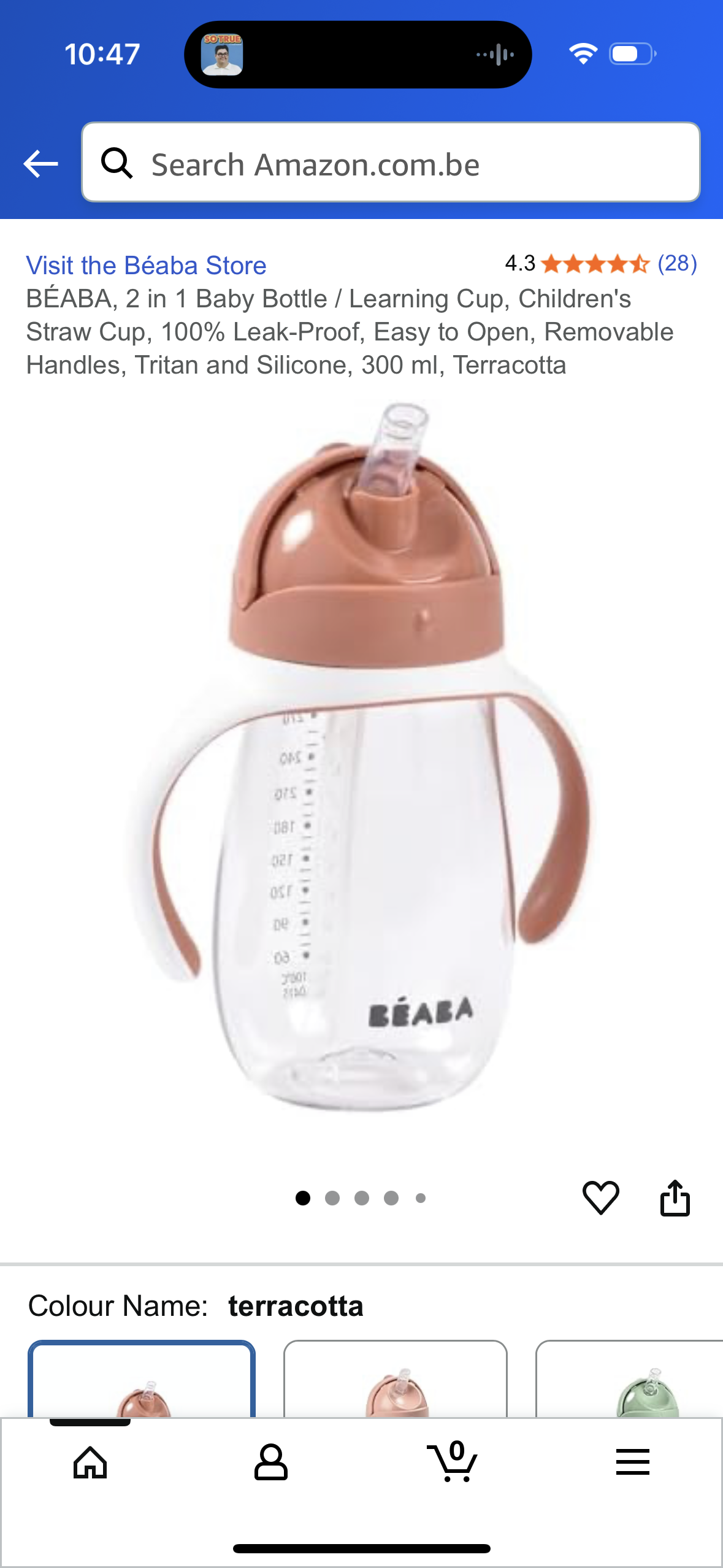 BÉABA, 2 in 1 Baby Bottle / Learning Cup, Children's Straw Cup, 100% Leak-Proof, Easy to Open, Removable Handles, Tritan and Silicone, 300 ml, Terracotta