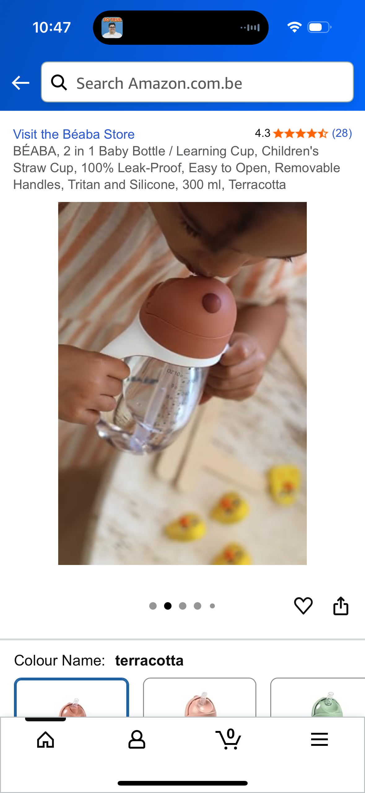 BÉABA, 2 in 1 Baby Bottle / Learning Cup, Children's Straw Cup, 100% Leak-Proof, Easy to Open, Removable Handles, Tritan and Silicone, 300 ml, Terracotta