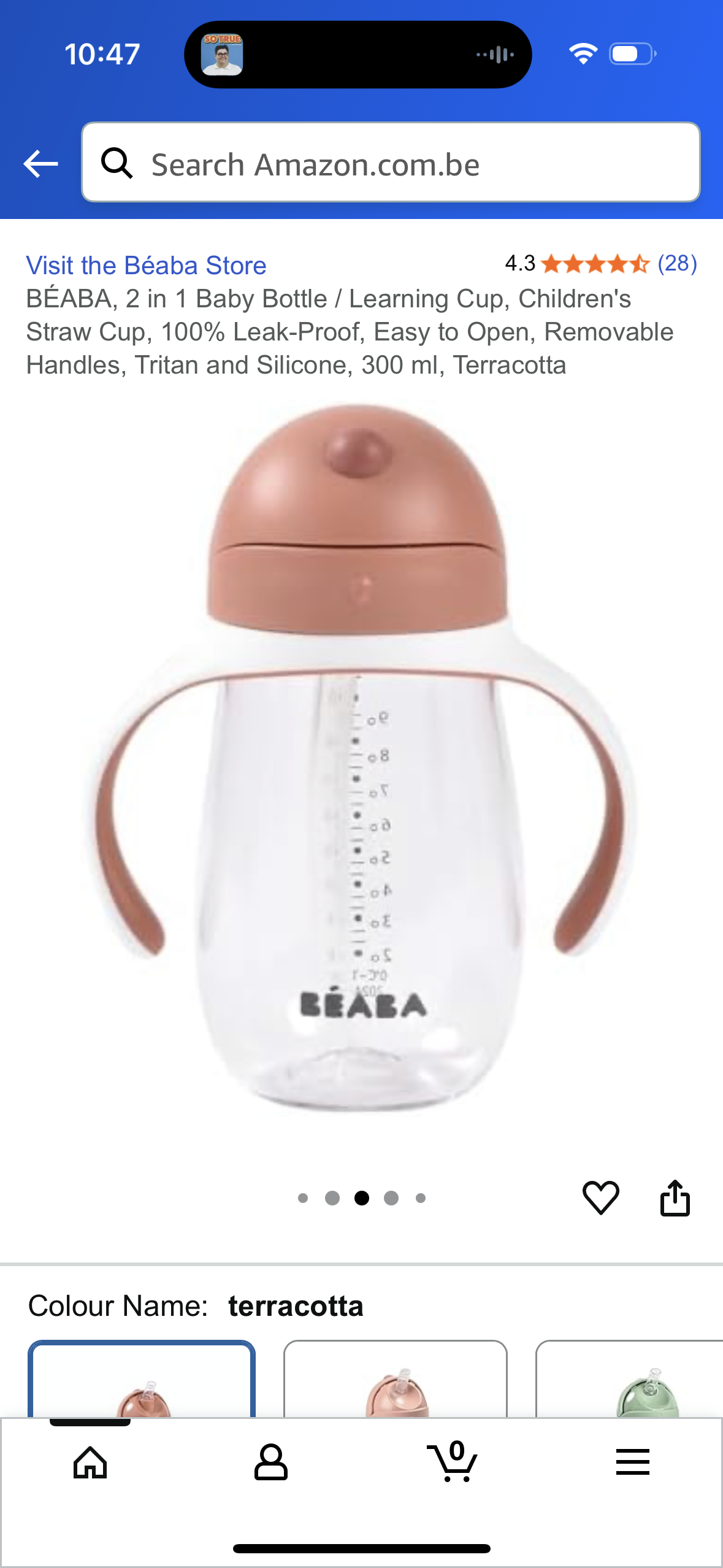 BÉABA, 2 in 1 Baby Bottle / Learning Cup, Children's Straw Cup, 100% Leak-Proof, Easy to Open, Removable Handles, Tritan and Silicone, 300 ml, Terracotta