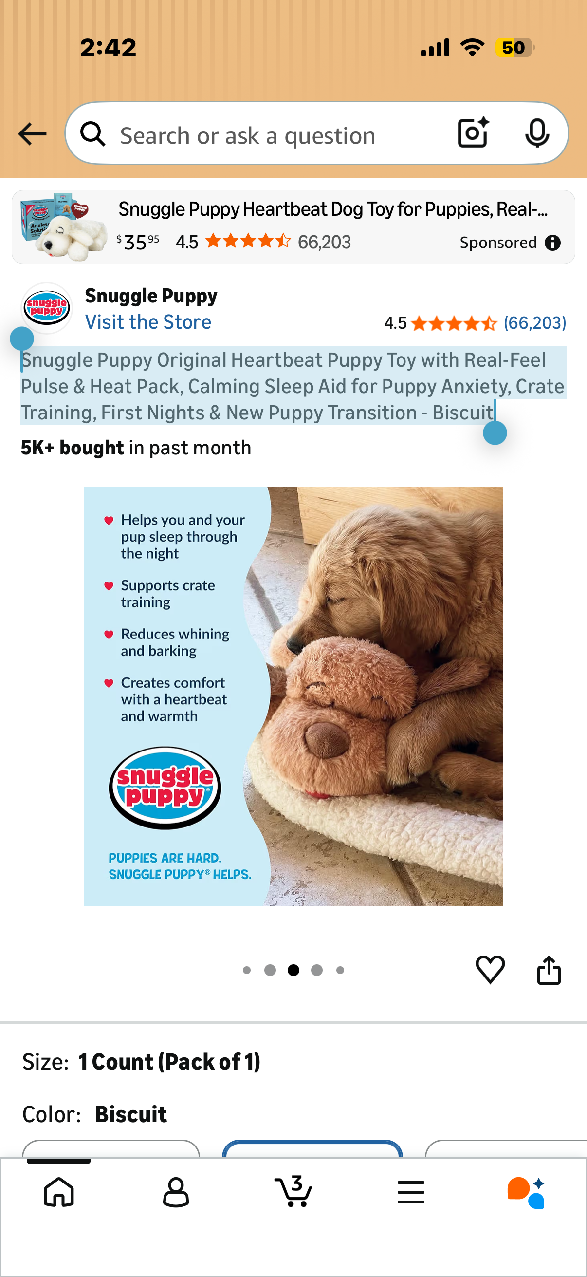 Snuggle Puppy Original Heartbeat Puppy Toy with Real-Feel Pulse & Heat Pack, Calming Sleep Aid for Puppy Anxiety, Crate Training, First Nights & New Puppy Transition - Biscuit