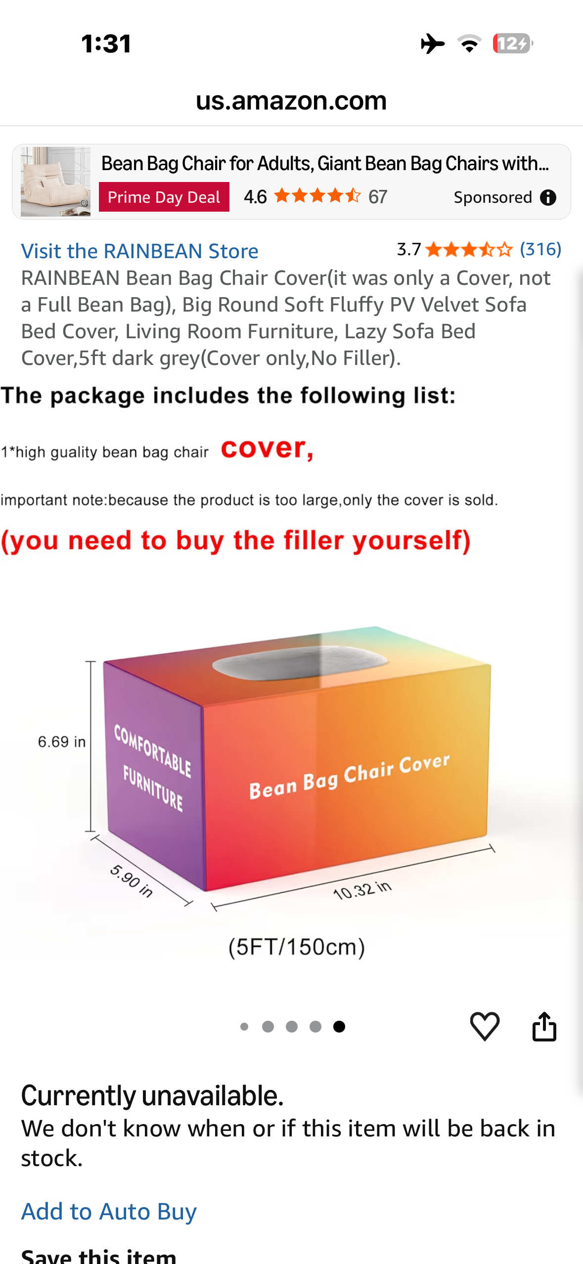 RAINBEAN Bean Bag Chair Cover (only a Cover, not a Full Bean Bag), Big Round Soft Fluffy PV Velvet Sofa Bed Cover, Living Room Furniture, Lazy Sofa Bed Cover,5ft Black (Cover only,No Filler).