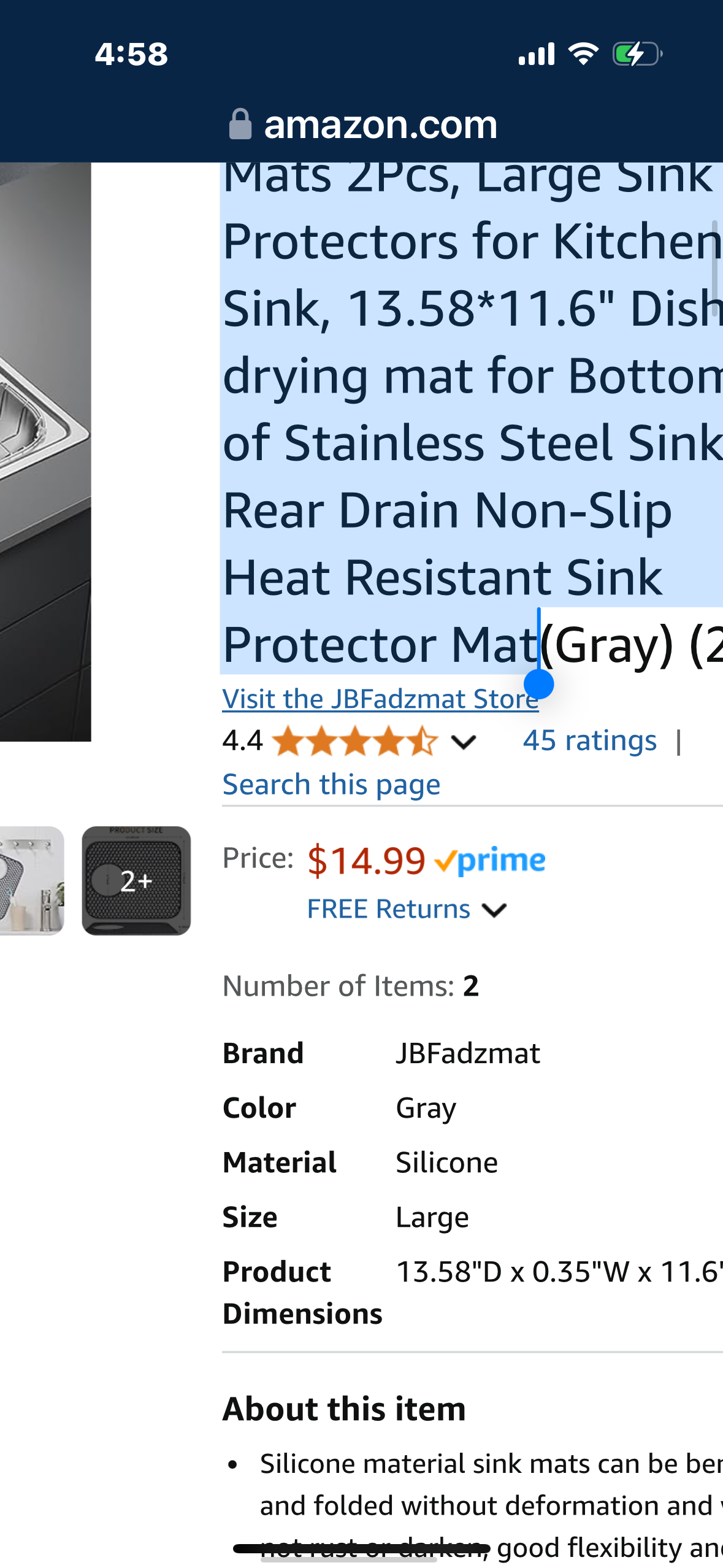 Silicone Kitchen Sink Mats 2Pcs, Large Sink Protectors for Kitchen Sink, 13.58*11.6" Dish drying mat for Bottom of Stainless Steel Sink, Rear Drain Non-Slip Heat Resistant Sink Protector Mat