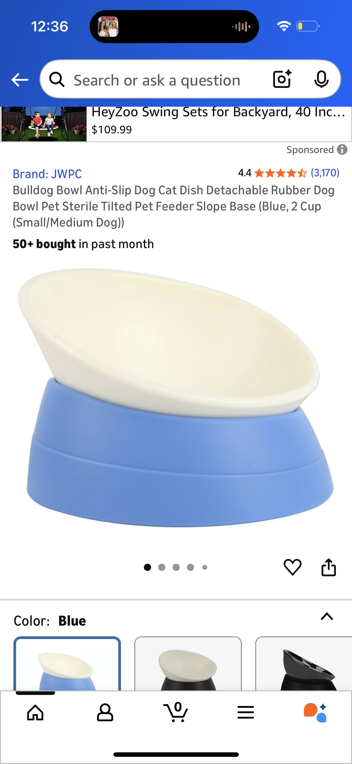 Pet Bowl Anti-Slip Dog Cat Dish Detachable Rubber Dog Bowl Pet Sterile Tilted Pet Feeder Slope Base (Blue, 2 Cup (Small/Medium Dog))