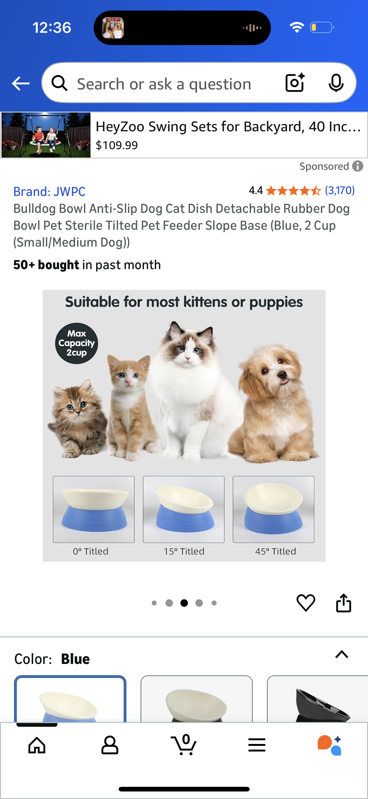 Pet Bowl Anti-Slip Dog Cat Dish Detachable Rubber Dog Bowl Pet Sterile Tilted Pet Feeder Slope Base (Blue, 2 Cup (Small/Medium Dog))