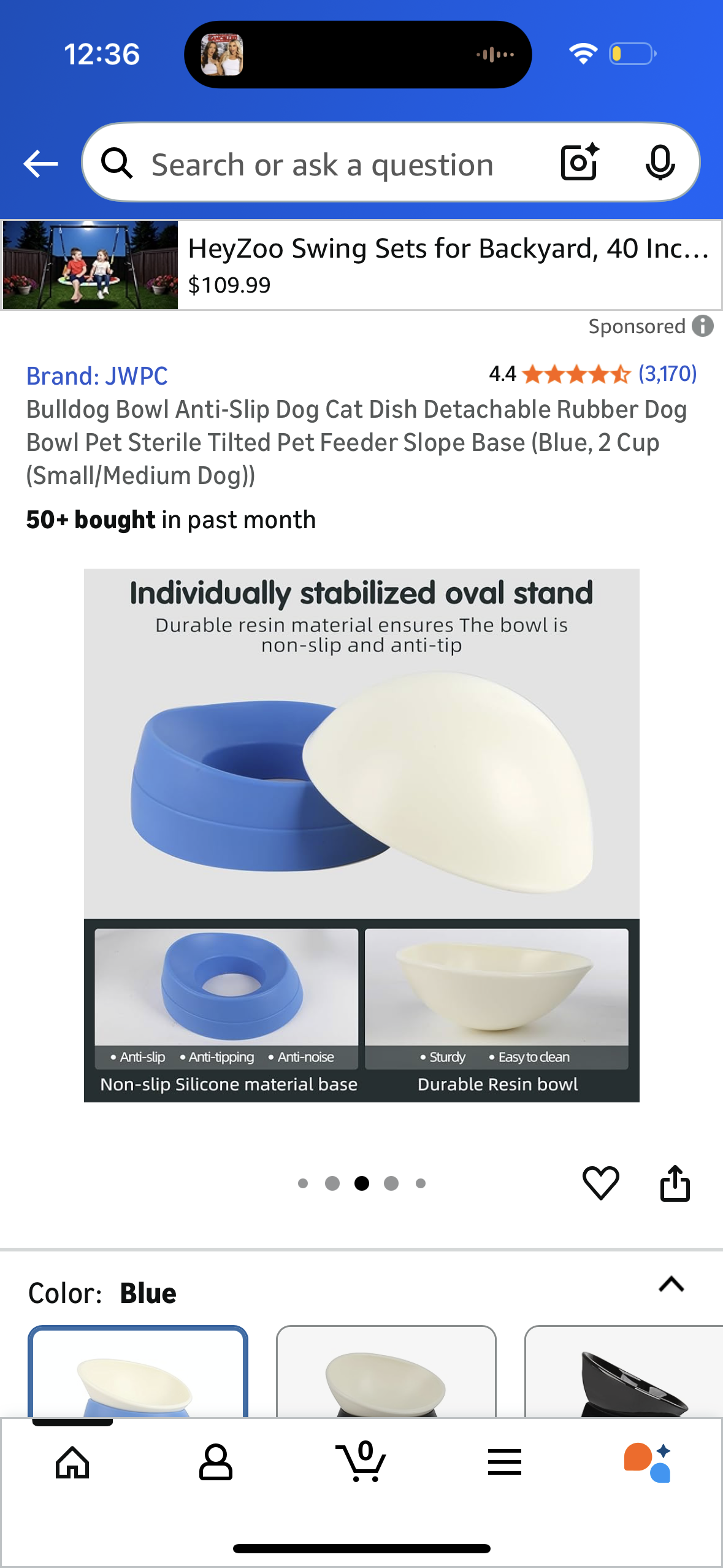 Pet Bowl Anti-Slip Dog Cat Dish Detachable Rubber Dog Bowl Pet Sterile Tilted Pet Feeder Slope Base (Blue, 2 Cup (Small/Medium Dog))