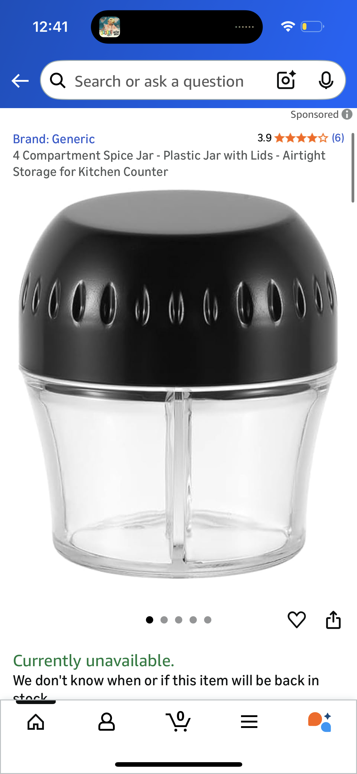 4 Compartment Spice Jar - Plastic Jar with Lids - Airtight Storage for Kitchen Counter, Black