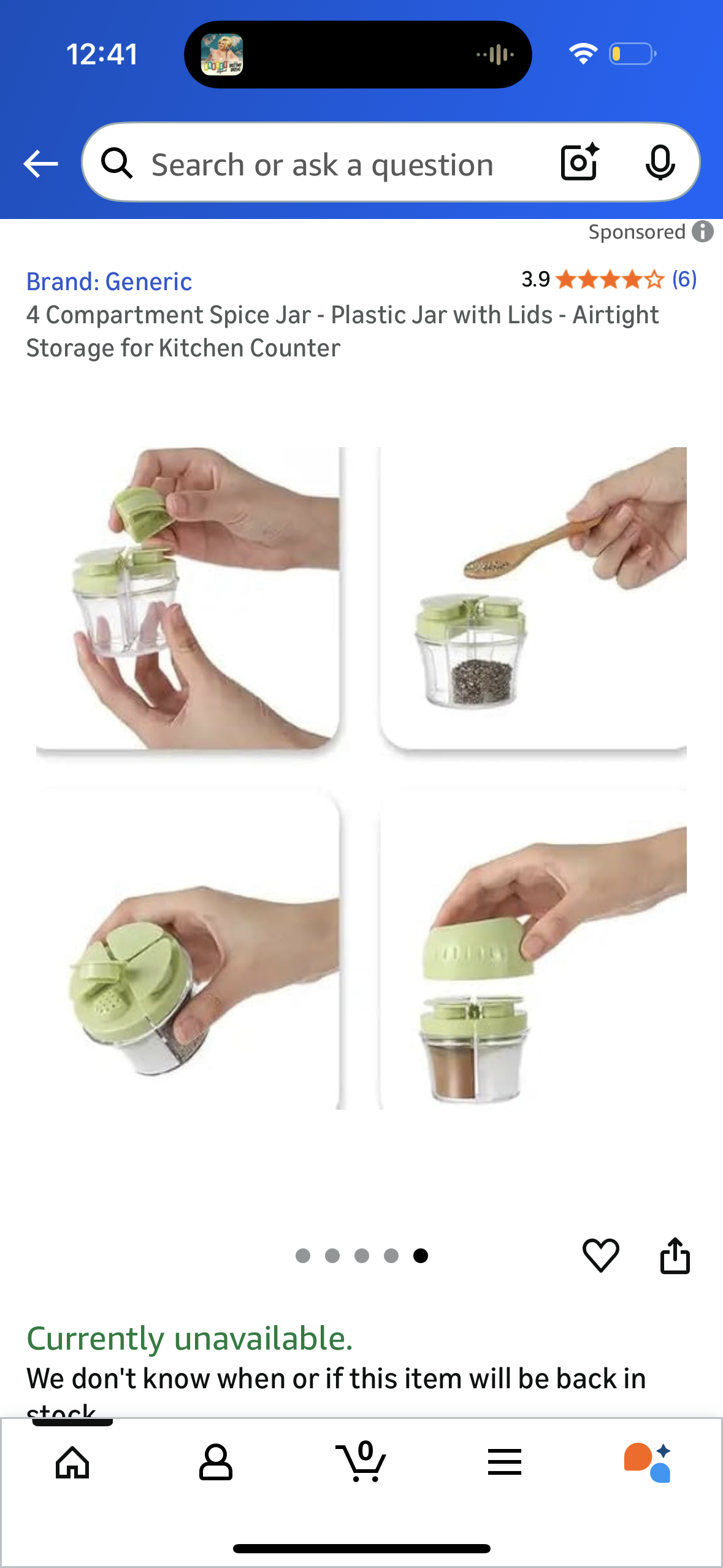 4 Compartment Spice Jar - Plastic Jar with Lids - Airtight Storage for Kitchen Counter, Black