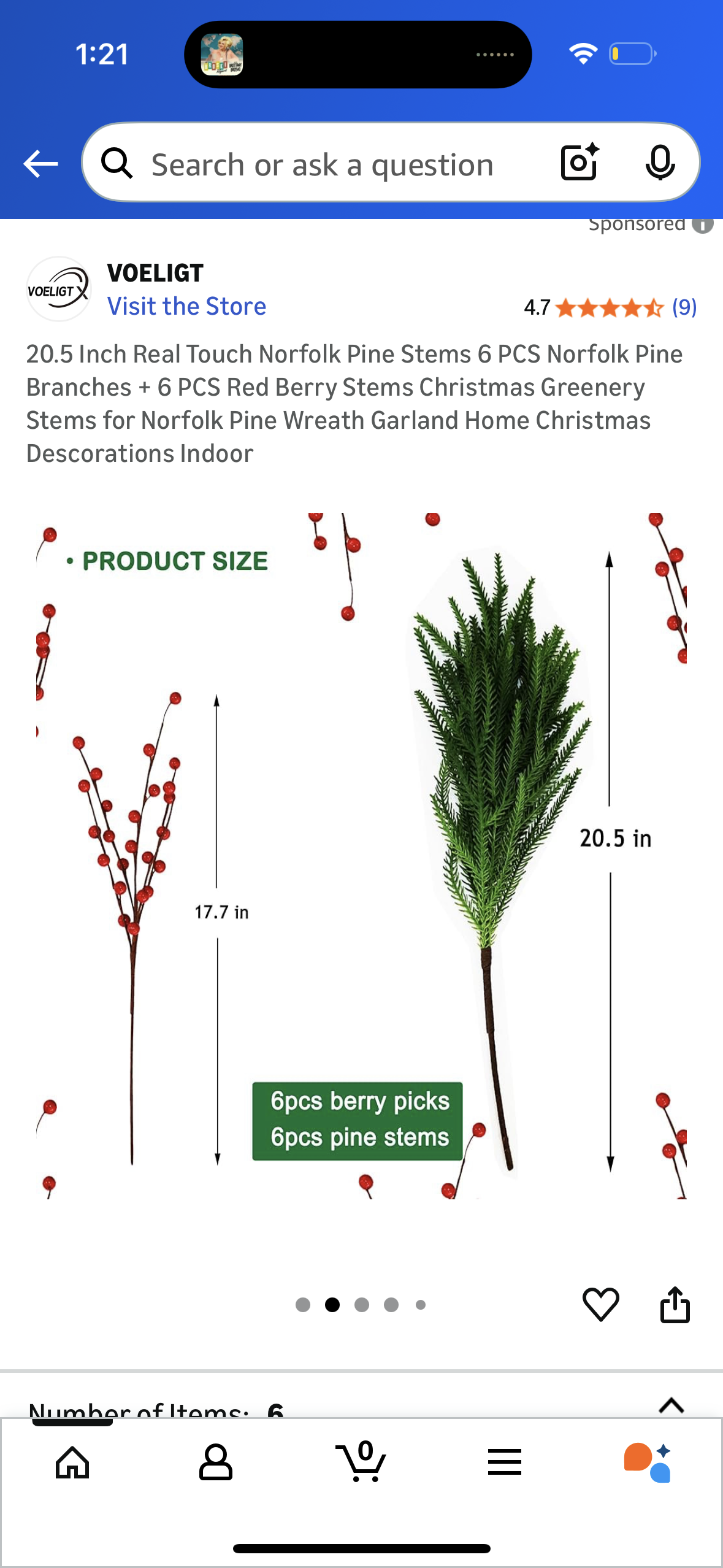 20.5 Inch Real Touch Norfolk Pine Stems 6 PCS Norfolk Pine Branches + 6 PCS Red Berry Stems Christmas Greenery Stems for Norfolk Pine Wreath Garland Home Christmas Descorations Indoor