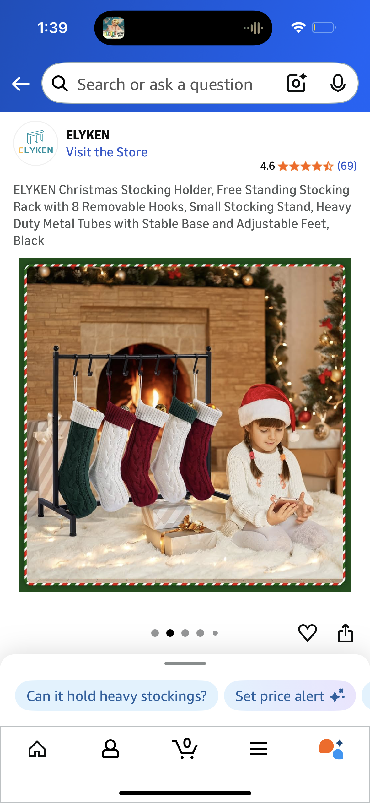 ELYKEN Christmas Stocking Holder, Free Standing Stocking Rack with 8 Removable Hooks, Small Stocking Stand, Heavy Duty Metal Tubes with Stable Base and Adjustable Feet, Black