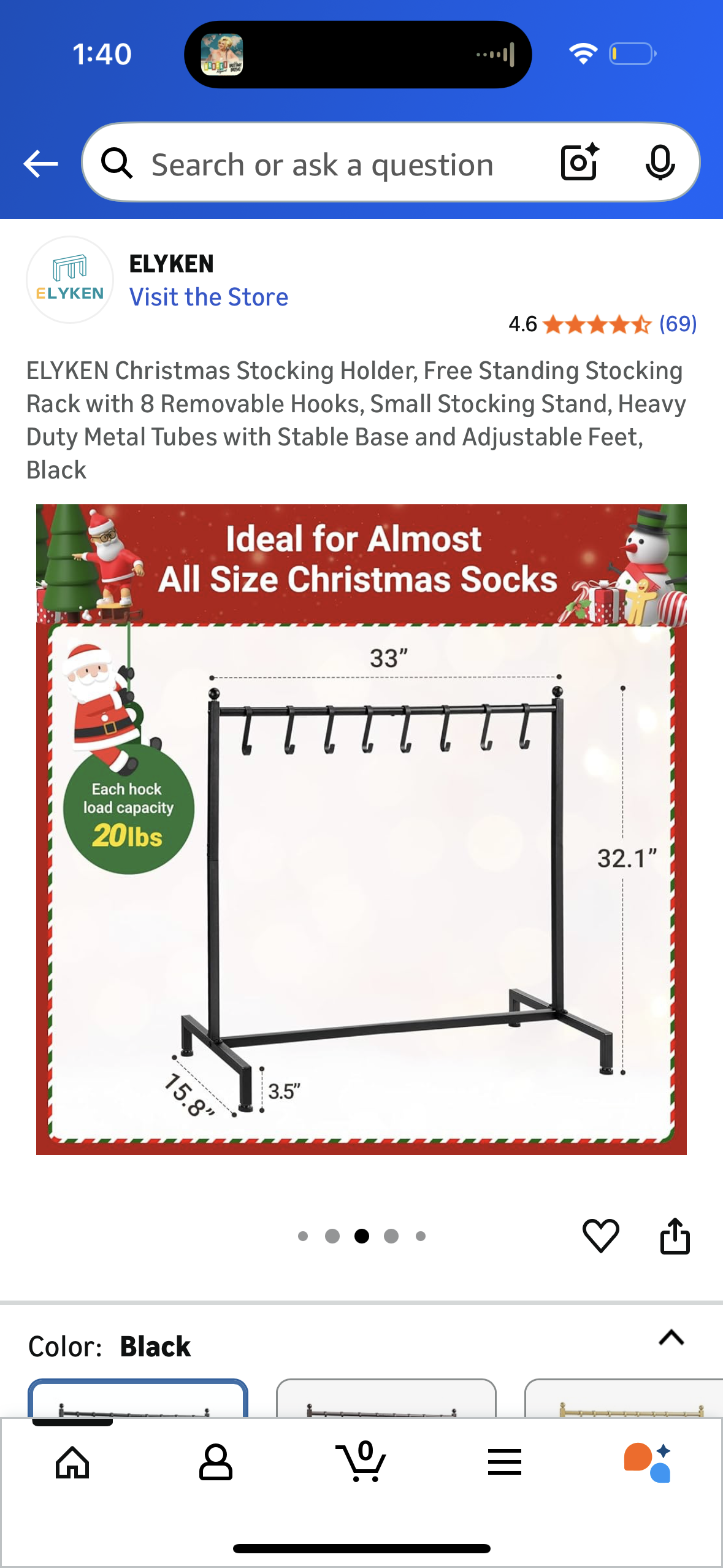 ELYKEN Christmas Stocking Holder, Free Standing Stocking Rack with 8 Removable Hooks, Small Stocking Stand, Heavy Duty Metal Tubes with Stable Base and Adjustable Feet, Black