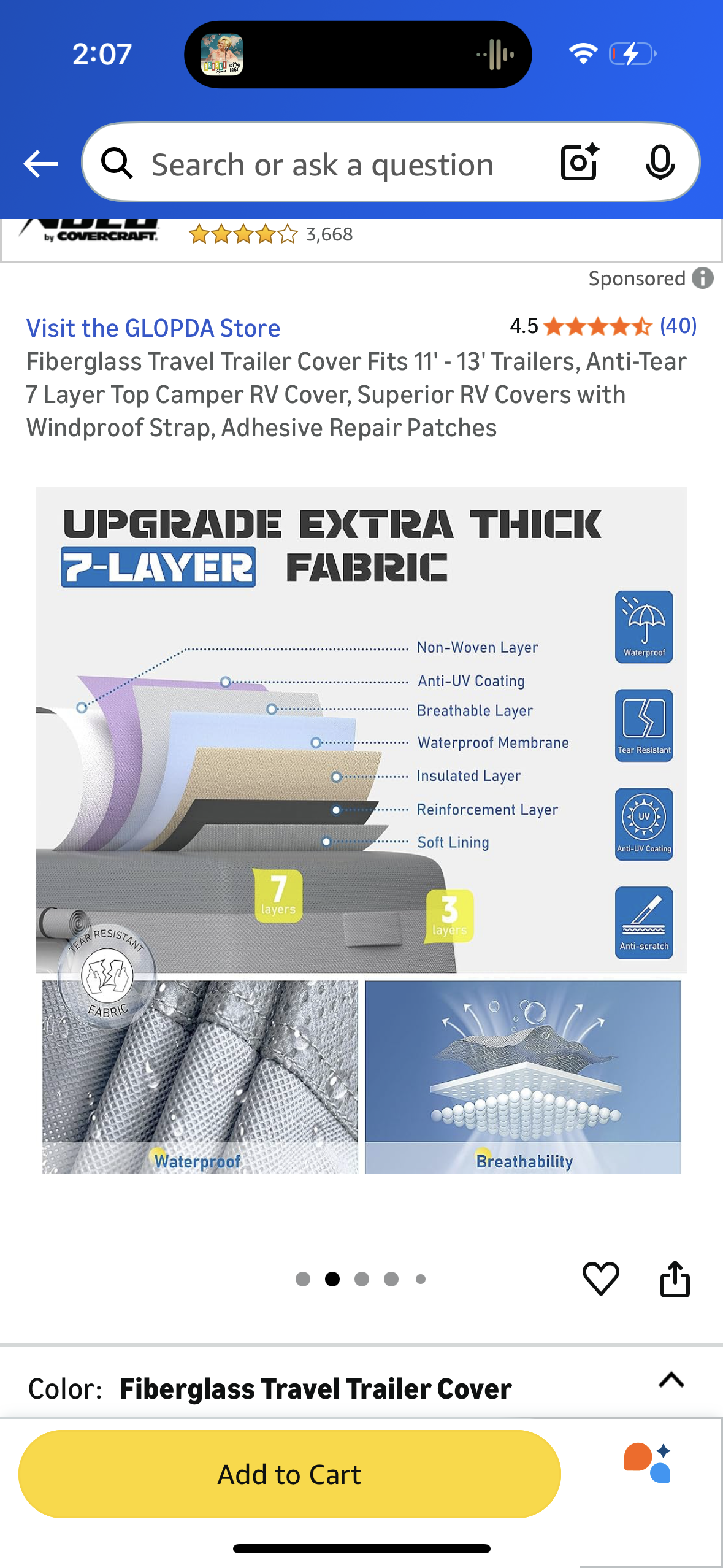Fiberglass Travel Trailer Cover Fits 11' - 13' Trailers, Anti-Tear 7 Layer Top Camper RV Cover, Superior RV Covers with Windproof Strap, Adhesive Repair Patches