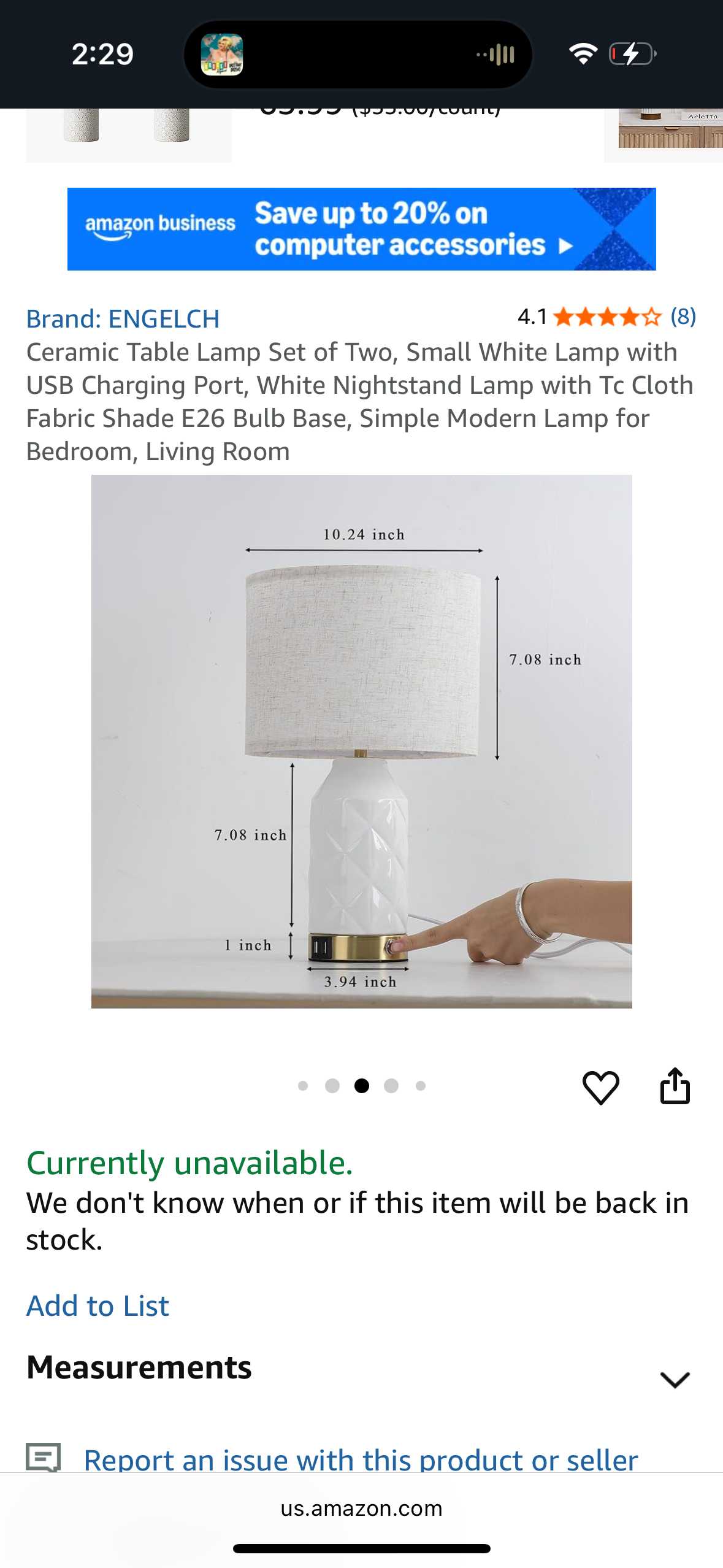 Ceramic Table Lamp Set of Two, Small White Lamp with USB Charging Port, White Nightstand Lamp with Tc Cloth Fabric Shade E26 Bulb Base, Simple Modern Lamp for Bedroom, Living Room