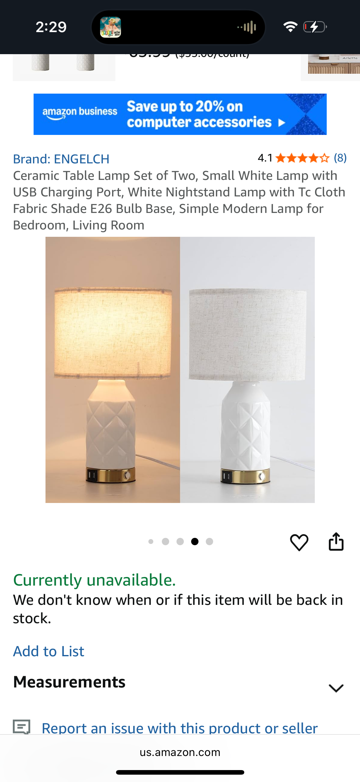 Ceramic Table Lamp Set of Two, Small White Lamp with USB Charging Port, White Nightstand Lamp with Tc Cloth Fabric Shade E26 Bulb Base, Simple Modern Lamp for Bedroom, Living Room