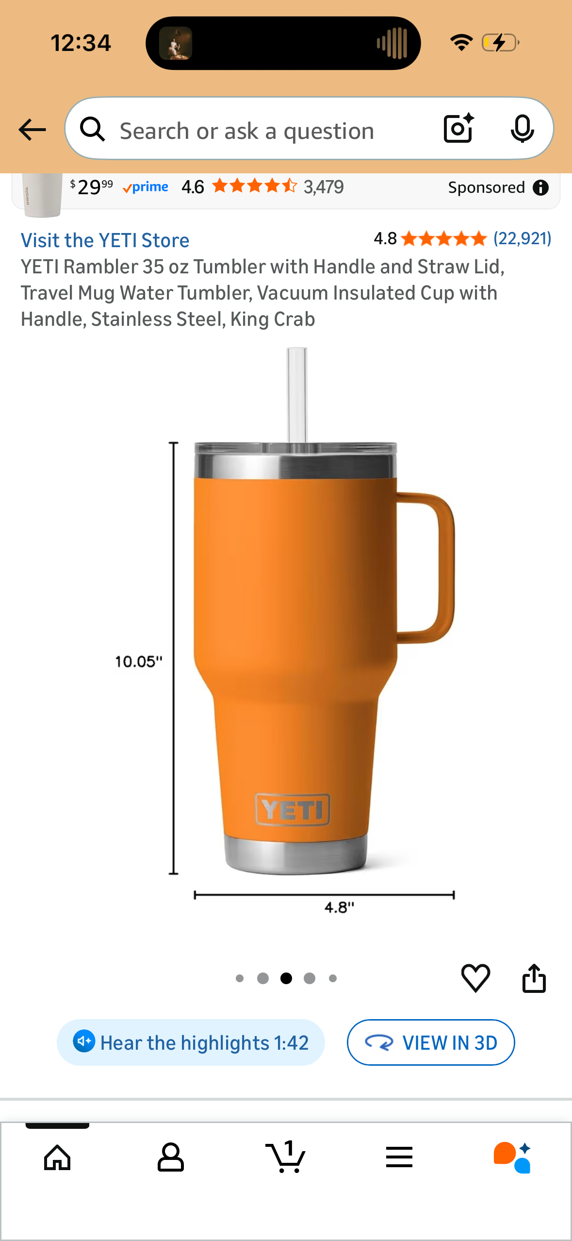 YETI Rambler 35 oz Tumbler with Handle and Straw Lid, Travel Mug Water Tumbler, Vacuum Insulated Cup with Handle, Stainless Steel, King Crab