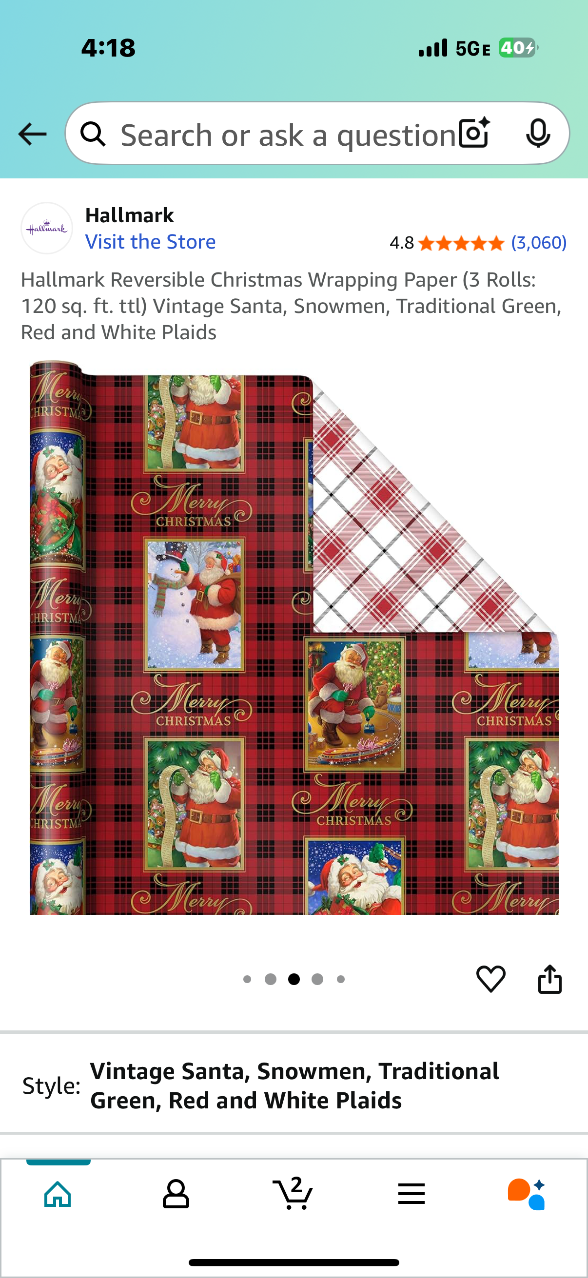 Hallmark Reversible Christmas Wrapping Paper (3 Rolls: 120 sq. ft. ttl) Vintage Santa, Snowmen, Traditional Green, Red and White Plaids