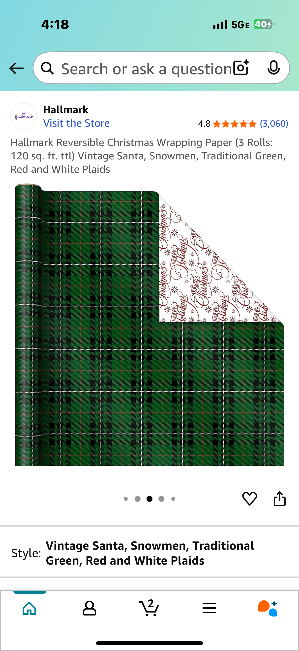 Hallmark Reversible Christmas Wrapping Paper (3 Rolls: 120 sq. ft. ttl) Vintage Santa, Snowmen, Traditional Green, Red and White Plaids