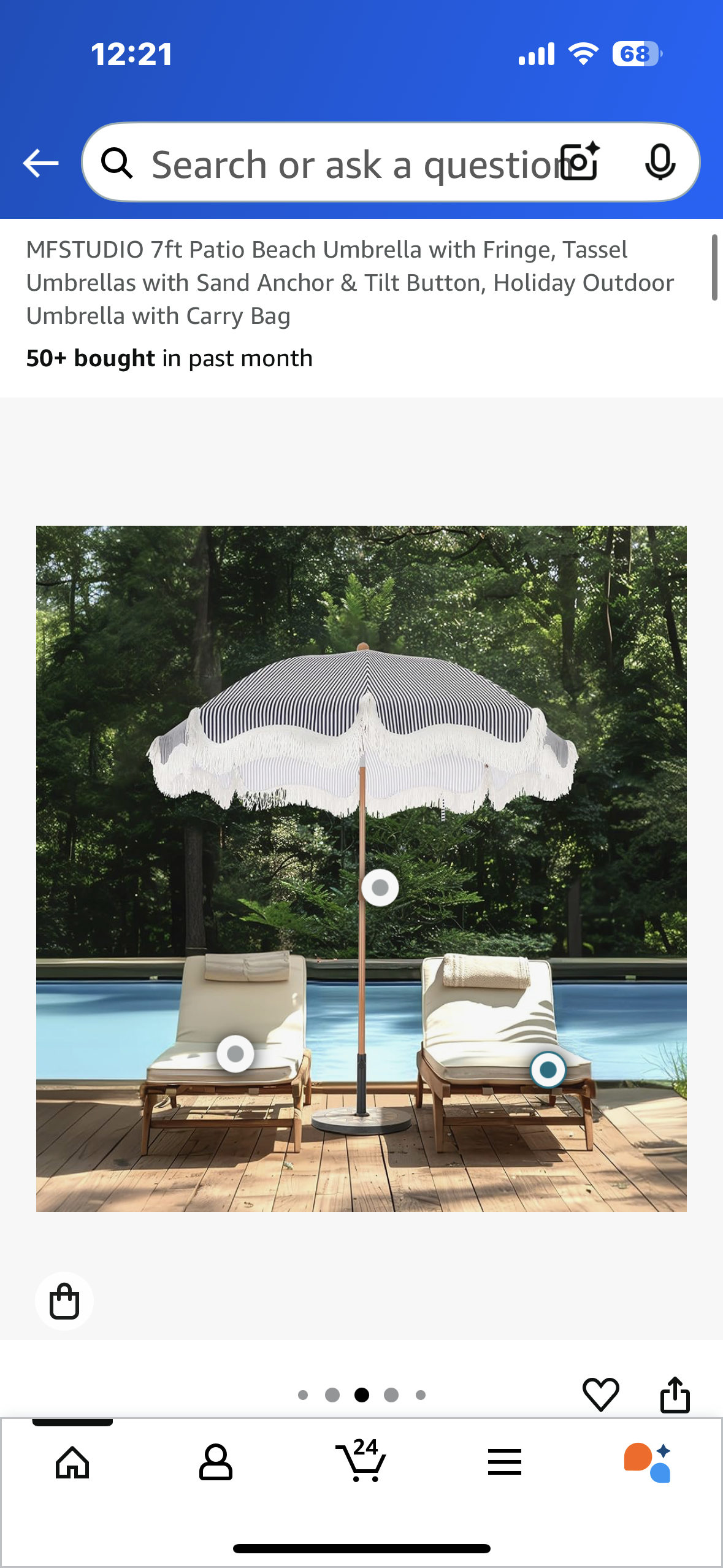 Blue and White Boho Beach Umbrella with Fringe and Tassels with Tilt Button and Sand Anchor (W452)