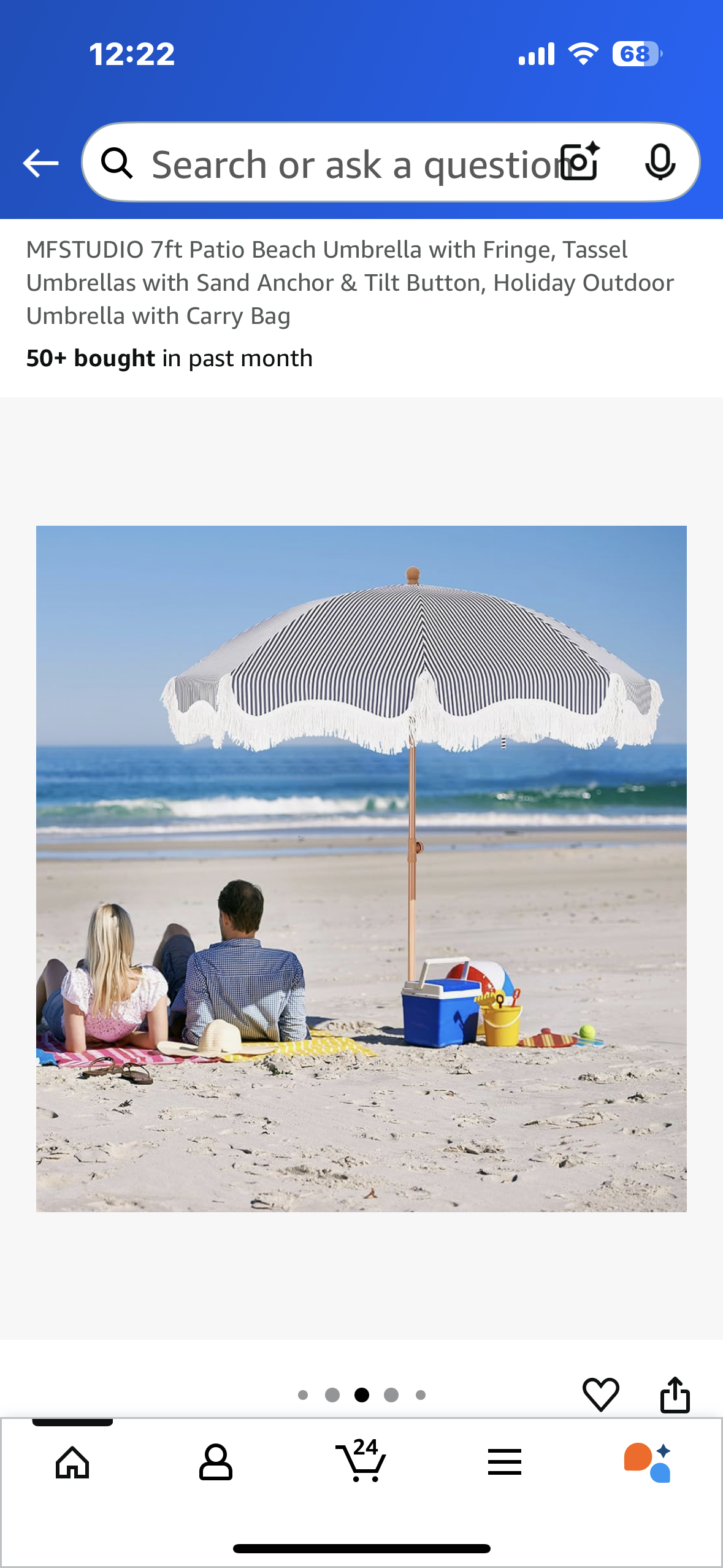 Blue and White Boho Beach Umbrella with Fringe and Tassels with Tilt Button and Sand Anchor (W452)
