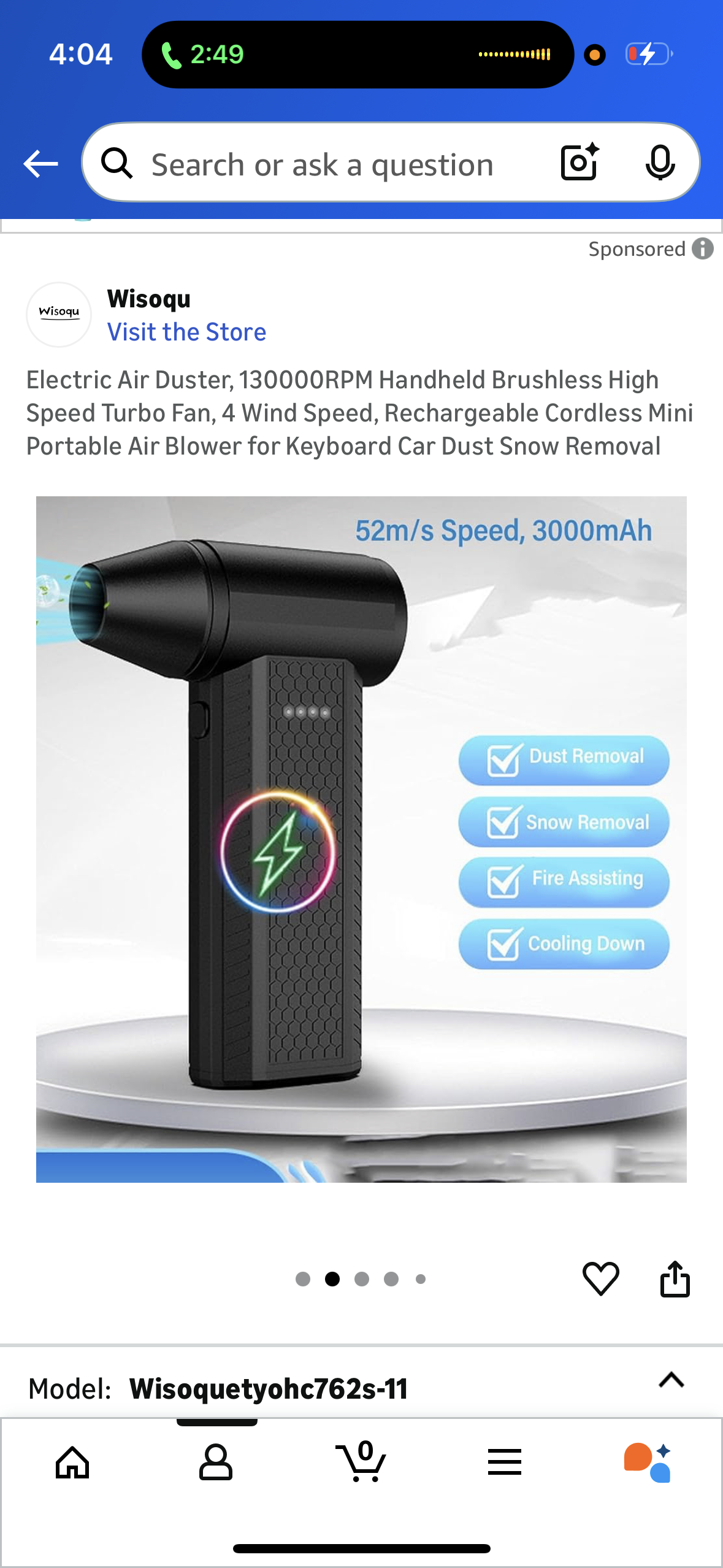 Electric Air Duster, 130000RPM Handheld Brushless High Speed Turbo Fan, 4 Wind Speed, Rechargeable Cordless Mini Portable Air Blower for Keyboard Car Dust Snow Removal