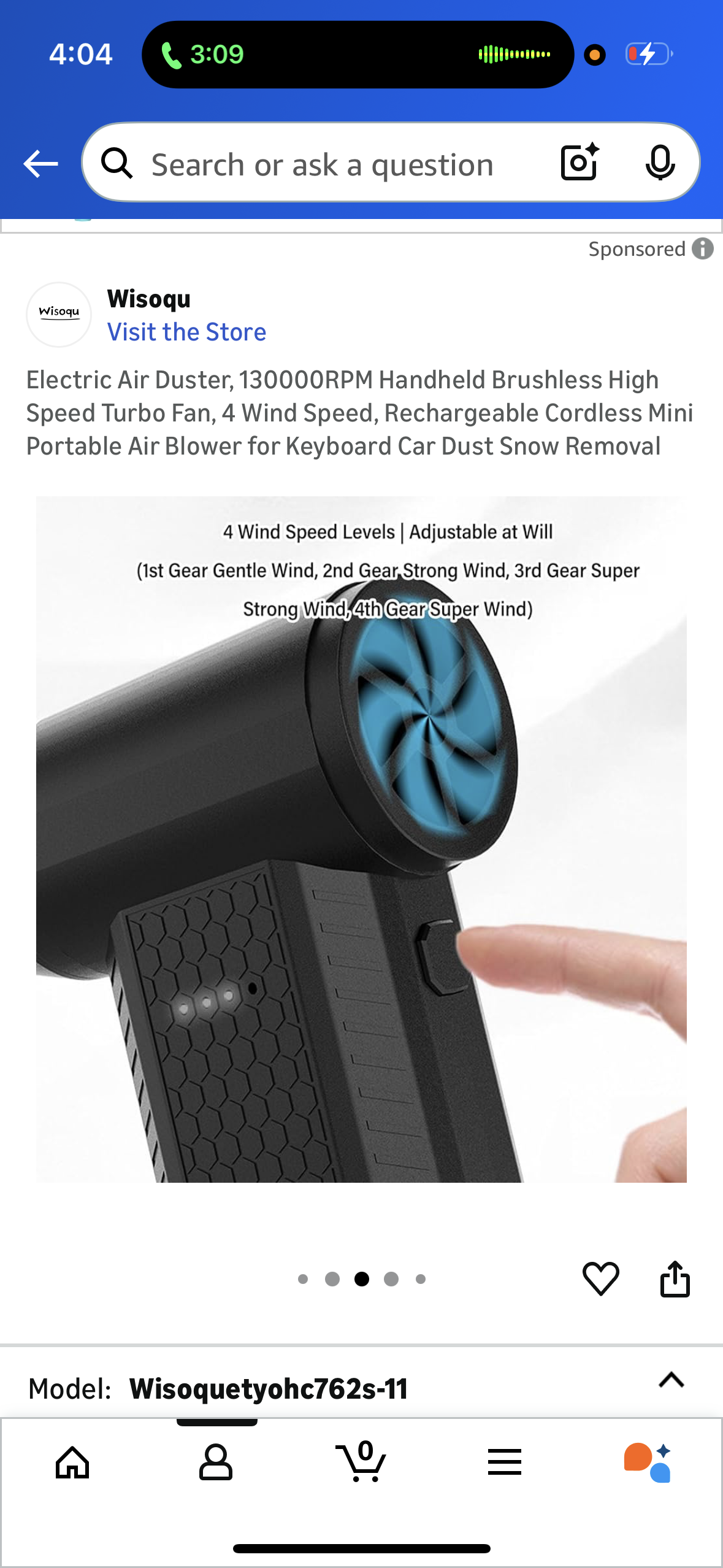 Electric Air Duster, 130000RPM Handheld Brushless High Speed Turbo Fan, 4 Wind Speed, Rechargeable Cordless Mini Portable Air Blower for Keyboard Car Dust Snow Removal
