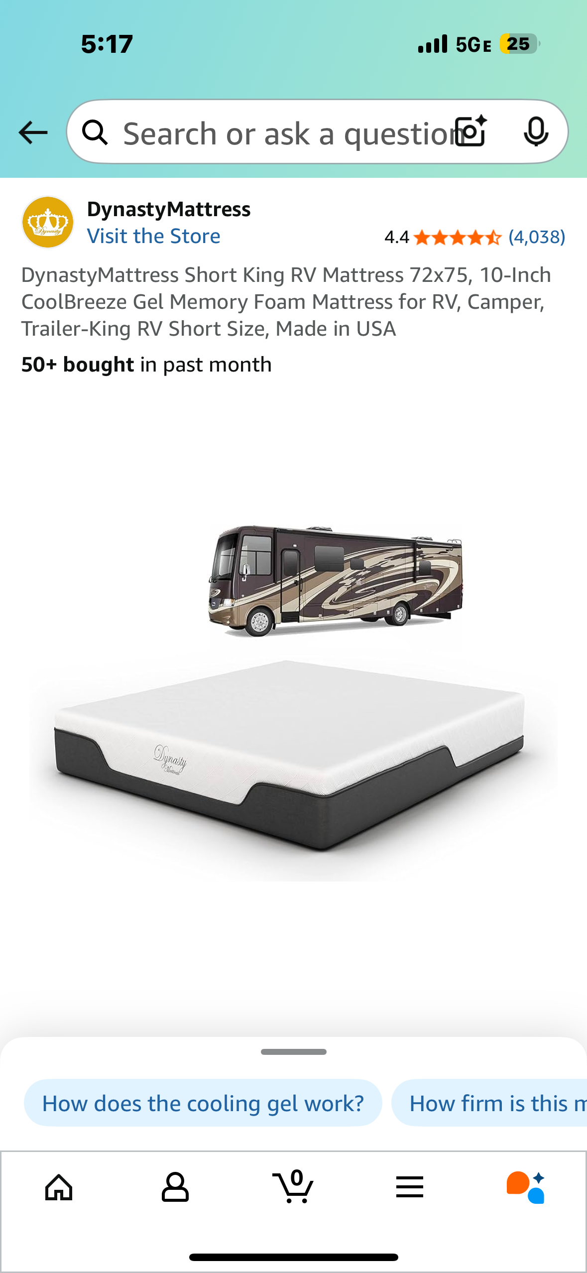 DynastyMattress Short King RV Mattress 72x75, 10-Inch CoolBreeze Gel Memory Foam Mattress for RV, Camper, Trailer-King RV Short Size, Made in USA (B1083)