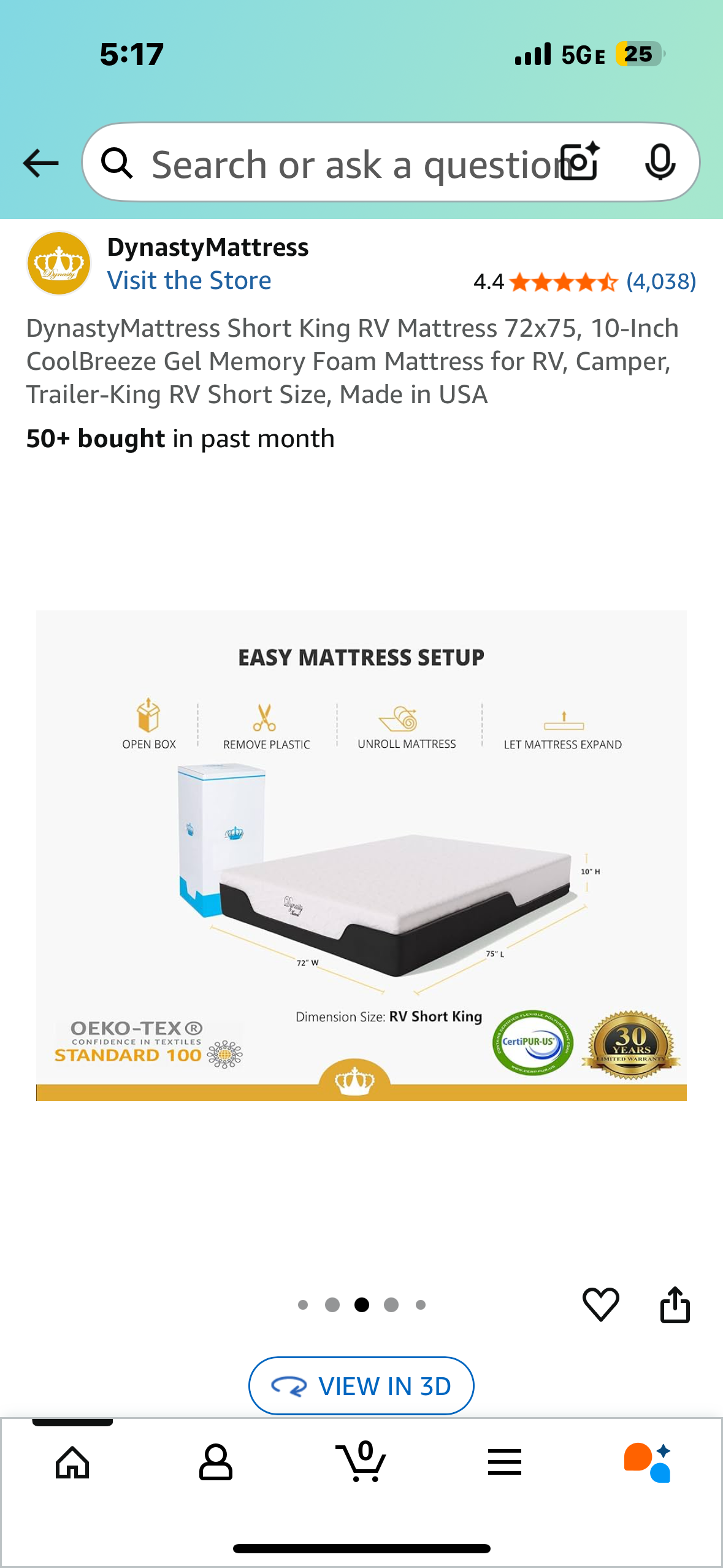 DynastyMattress Short King RV Mattress 72x75, 10-Inch CoolBreeze Gel Memory Foam Mattress for RV, Camper, Trailer-King RV Short Size, Made in USA (B1083)
