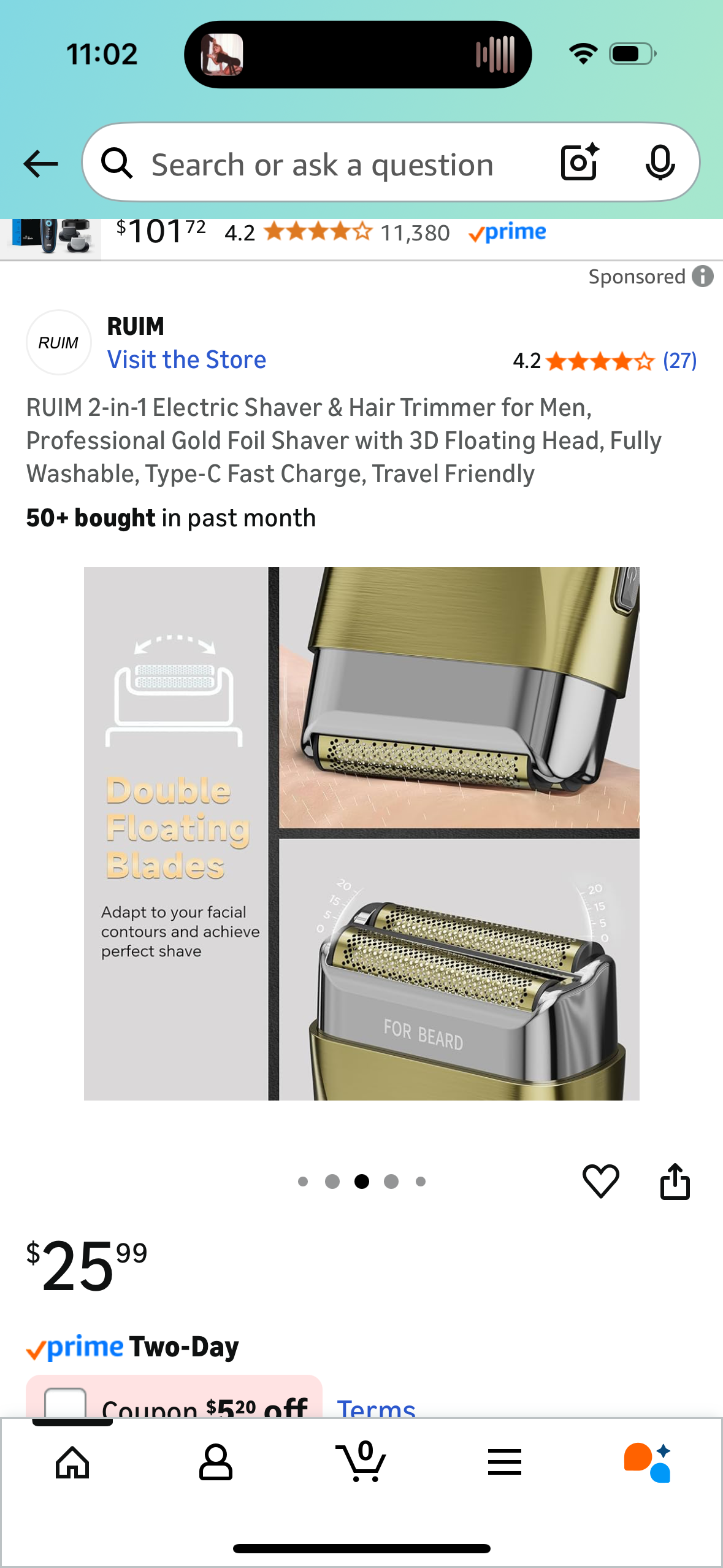 RUIM 2-in-1 Electric Shaver & Hair Trimmer for Men, Professional Gold Foil Shaver with 3D Floating Head, Fully Washable, Type-C Fast Charge, Travel Friendly