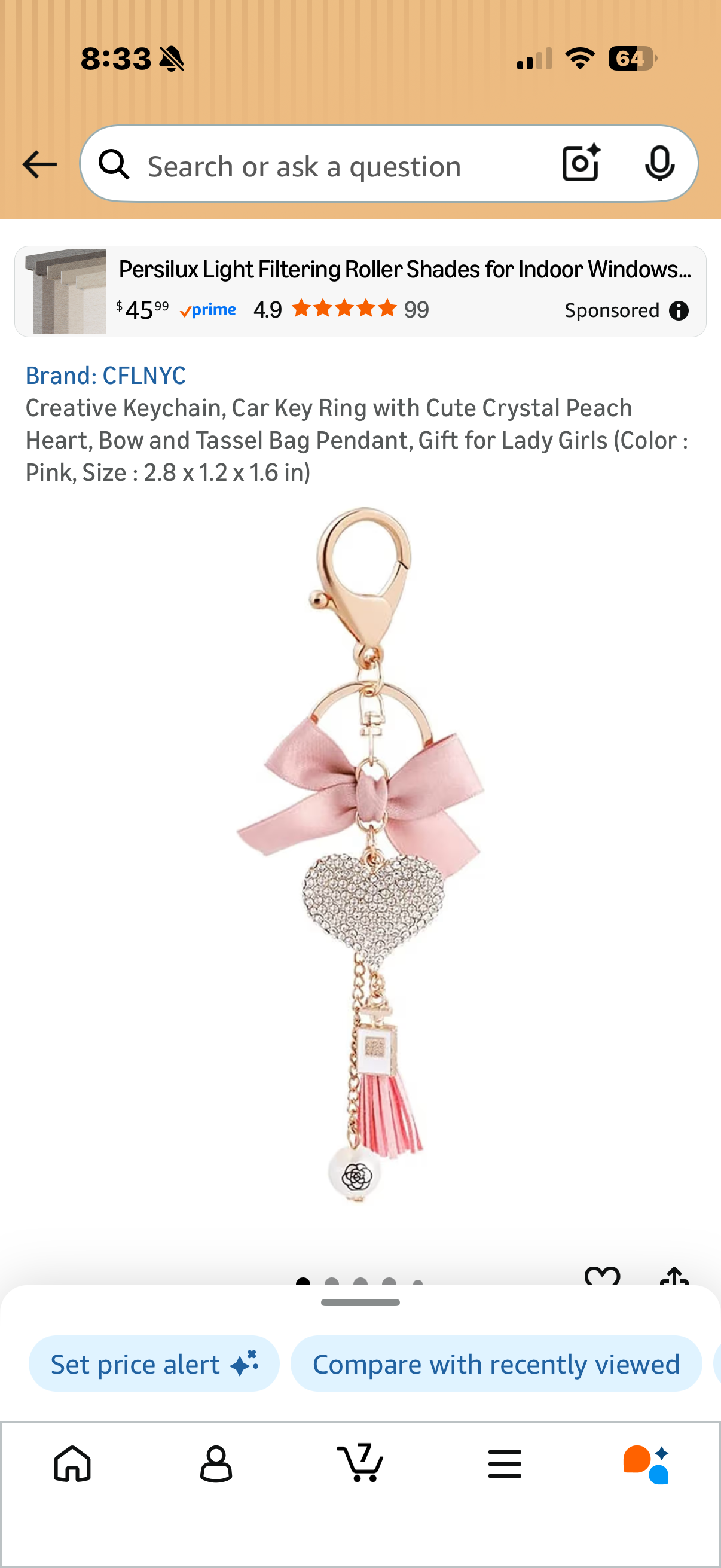 Pretty in Pink Keychain, Car Key Ring with Cute Crystal Peach Heart, Bow and Tassel Bag Pendant, Gift for Lady Girls (Color : Red, Size : 2.8 x 1.2 x 1.6 in