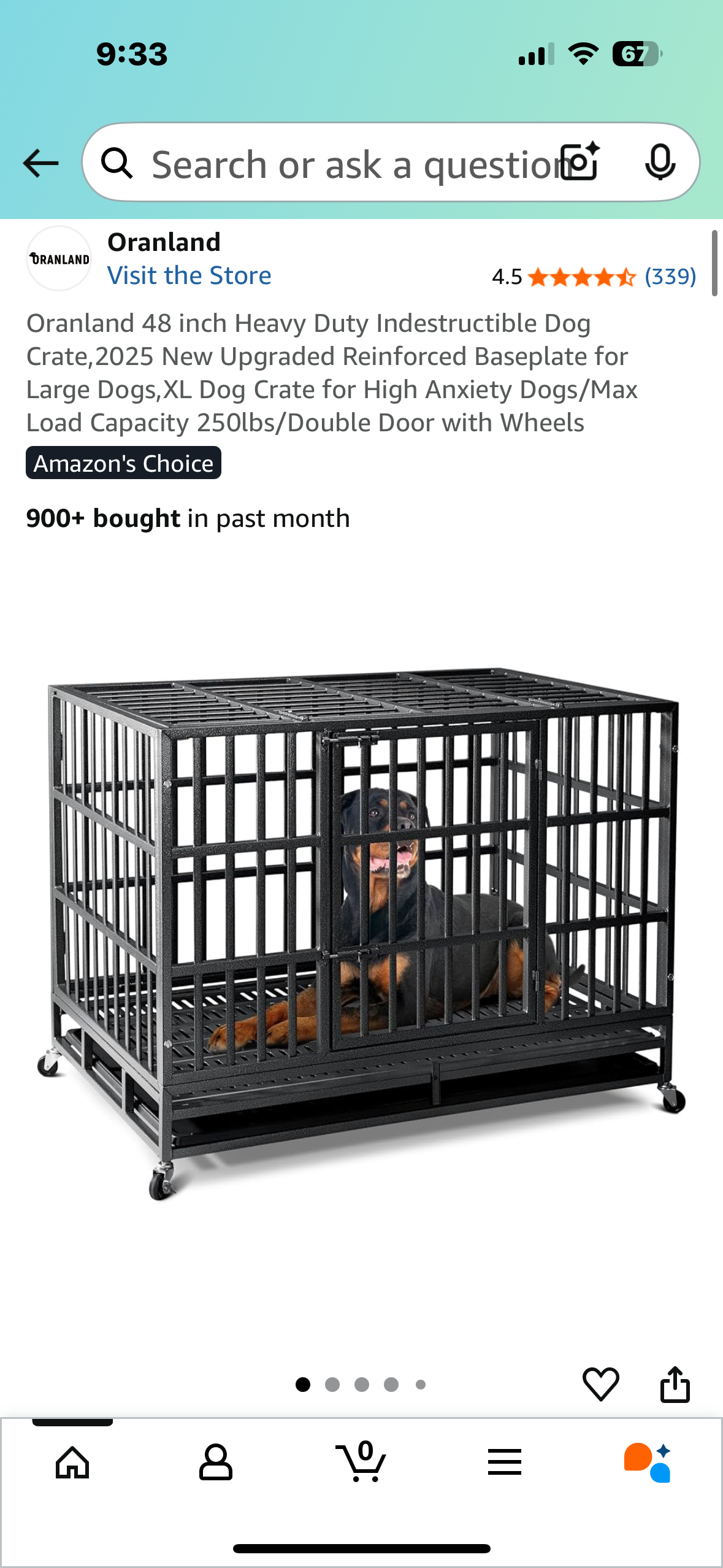 Oranland 48 inch Heavy Duty Indestructible Dog Crate, Reinforced Baseplate for Large Dogs, XL Dog Crate for High Anxiety Dogs/Max Load Capacity 250lbs/Double Door with Wheels (R674)