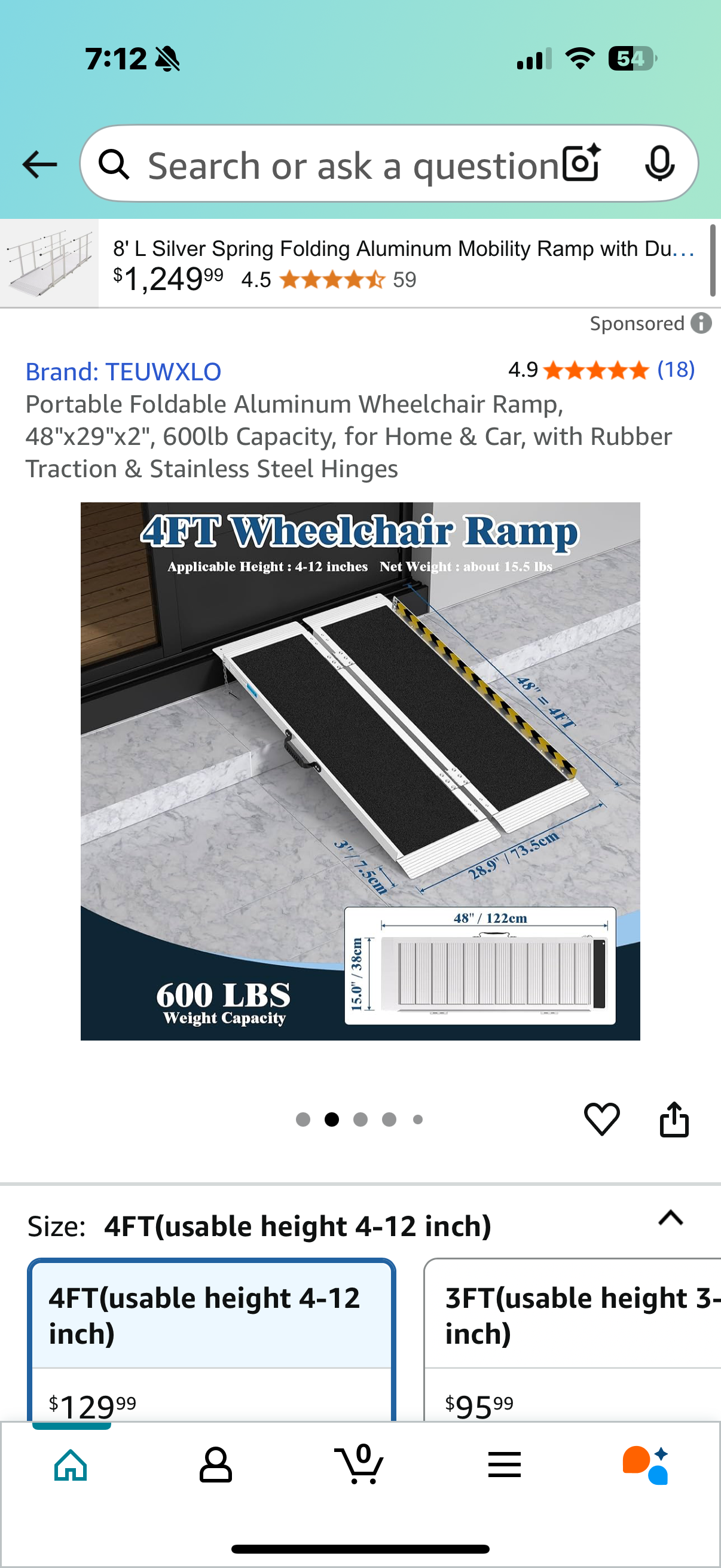 Portable Foldable Aluminum Wheelchair Ramp, 48"x29"x2", 600lb Capacity, for Home & Car, with Rubber Traction & Stainless Steel Hinges