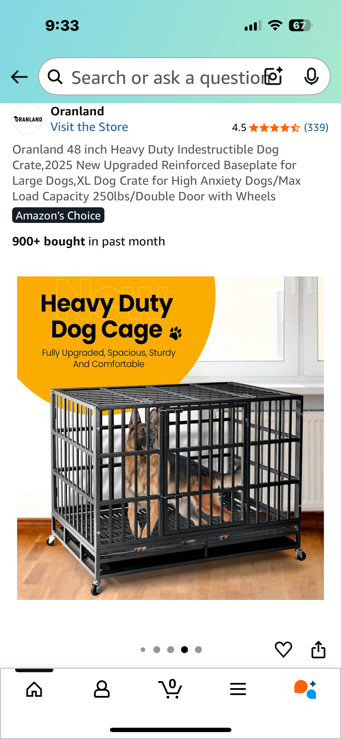 Oranland 48 inch Heavy Duty Indestructible Dog Crate, Reinforced Baseplate for Large Dogs, XL Dog Crate for High Anxiety Dogs/Max Load Capacity 250lbs/Double Door with Wheels (R674)