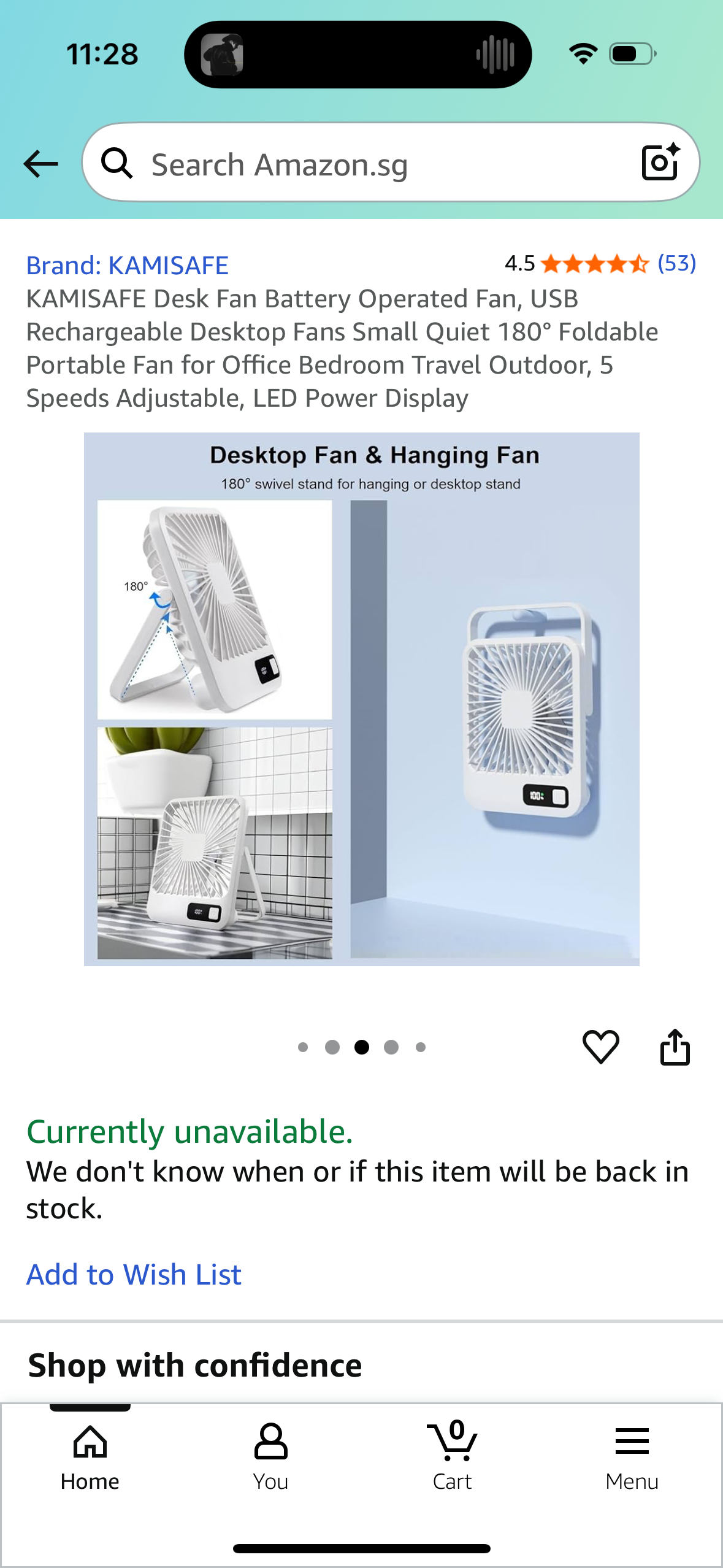 KAMISAFE Desk Fan Battery Operated Fan, USB Rechargeable Desktop Fans Small Quiet 180° Foldable Portable Fan for Office Bedroom Travel Outdoor, 5 Speeds Adjustable, LED Power Display