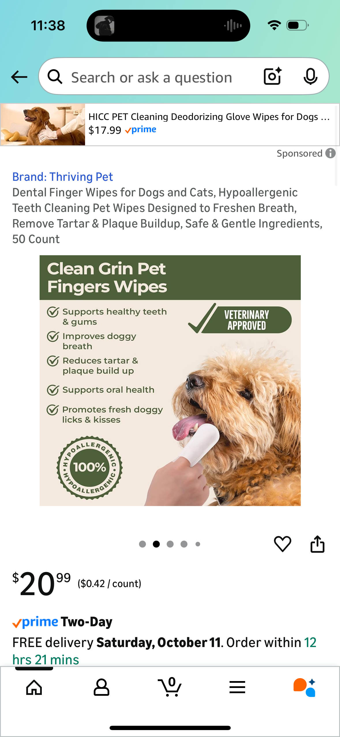 Dental Finger Wipes for Dogs and Cats, Hypoallergenic Teeth Cleaning Pet Wipes Designed to Freshen Breath, Remove Tartar & Plaque Buildup, Safe & Gentle Ingredients, 50 Count