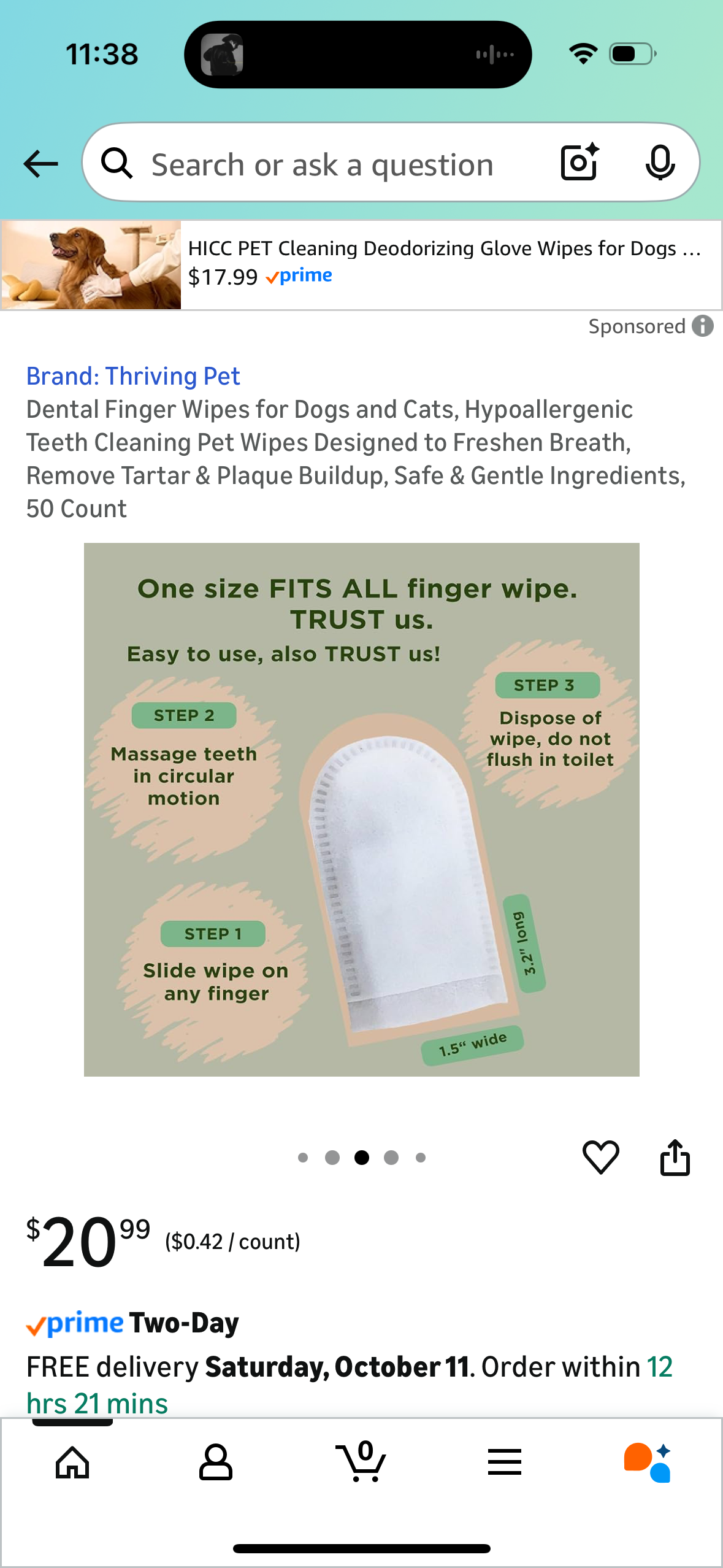 Dental Finger Wipes for Dogs and Cats, Hypoallergenic Teeth Cleaning Pet Wipes Designed to Freshen Breath, Remove Tartar & Plaque Buildup, Safe & Gentle Ingredients, 50 Count