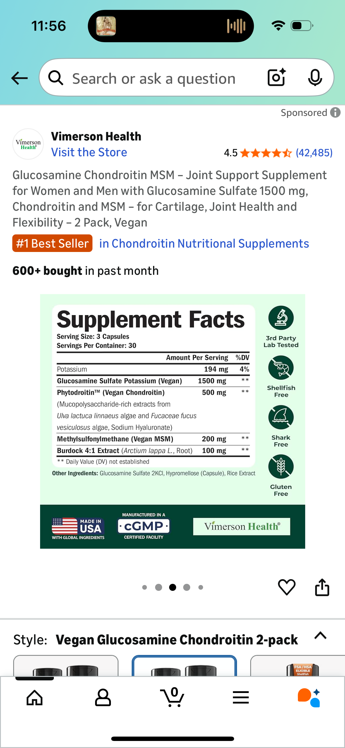 Glucosamine Chondroitin MSM – Joint Support Supplement for Women and Men with Glucosamine Sulfate 1500 mg, Chondroitin and MSM – for Cartilage, Joint Health and Flexibility – 2 Pack, Vegan
