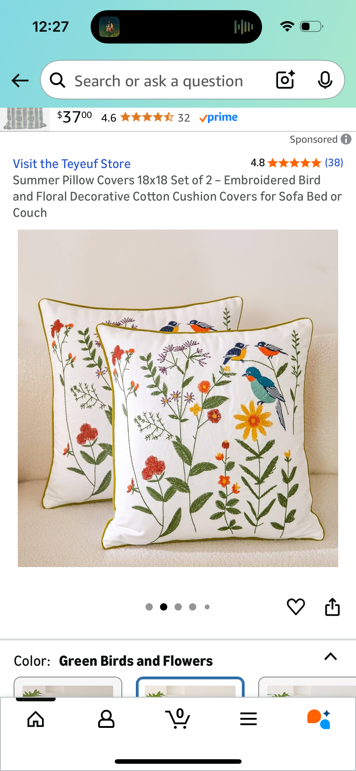 Pillow Covers 18x18 Set of 2 – Embroidered Bird and Floral Decorative Cotton Cushion Covers for Sofa Bed or Couch