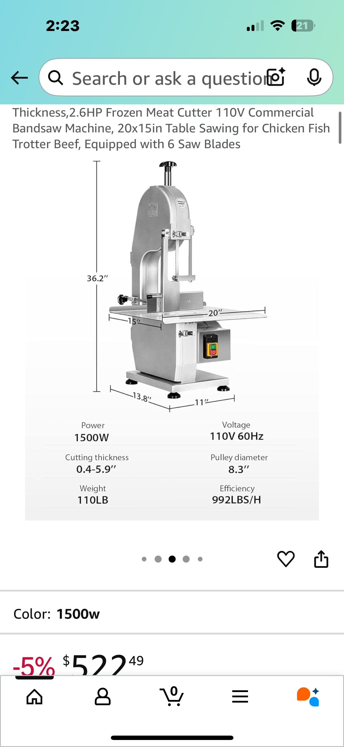 1500W Electric Bone Saw Machine, 0.8-5.9 Inch Cutting Thickness,2.6HP Frozen Meat Cutter 110V Commercial Bandsaw Machine, 20”x25” Table Saw for Chicken, Fish, Beef, Equipped with 6 Saw Blades (R678)