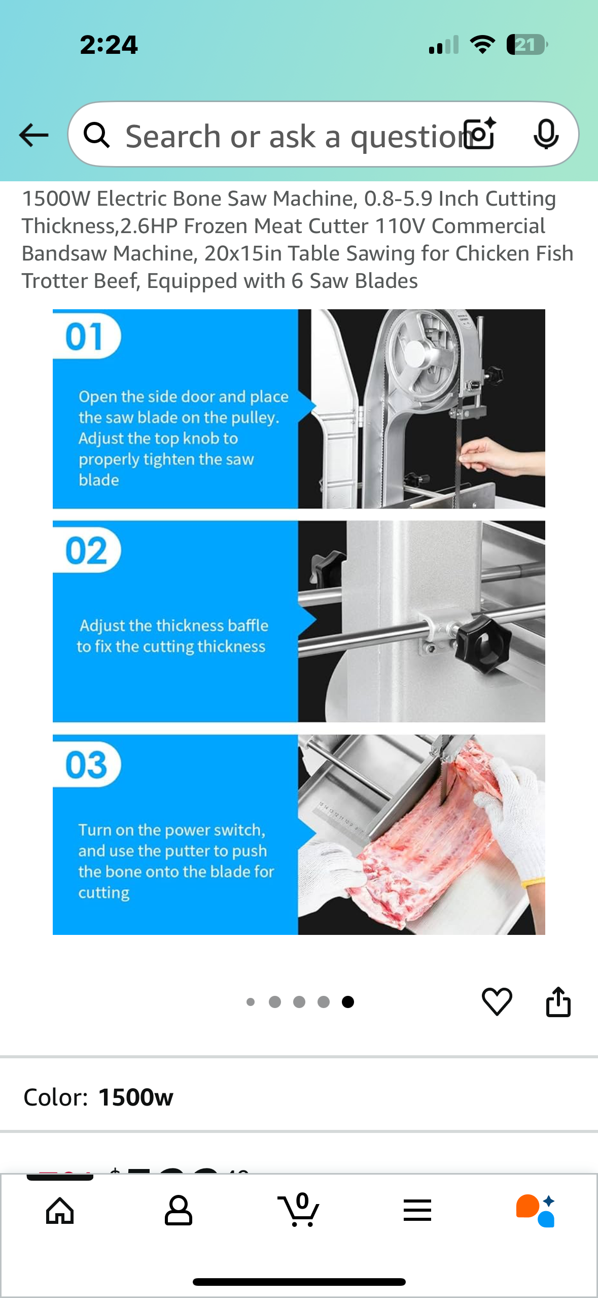 1500W Electric Bone Saw Machine, 0.8-5.9 Inch Cutting Thickness,2.6HP Frozen Meat Cutter 110V Commercial Bandsaw Machine, 20”x25” Table Saw for Chicken, Fish, Beef, Equipped with 6 Saw Blades (R678)