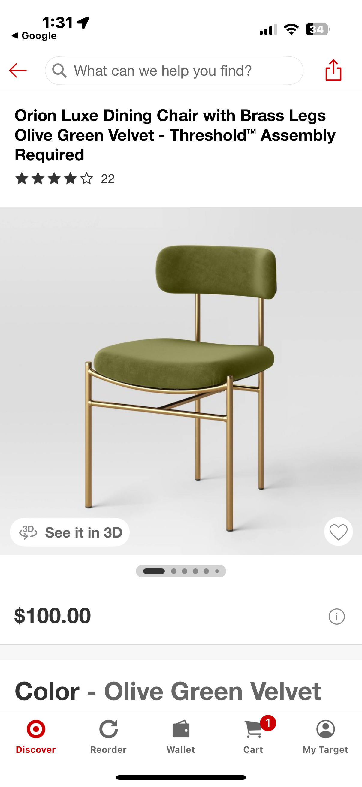 Orion Luxe Chair with Brass Legs Olive Green Velvet - Threshold™
