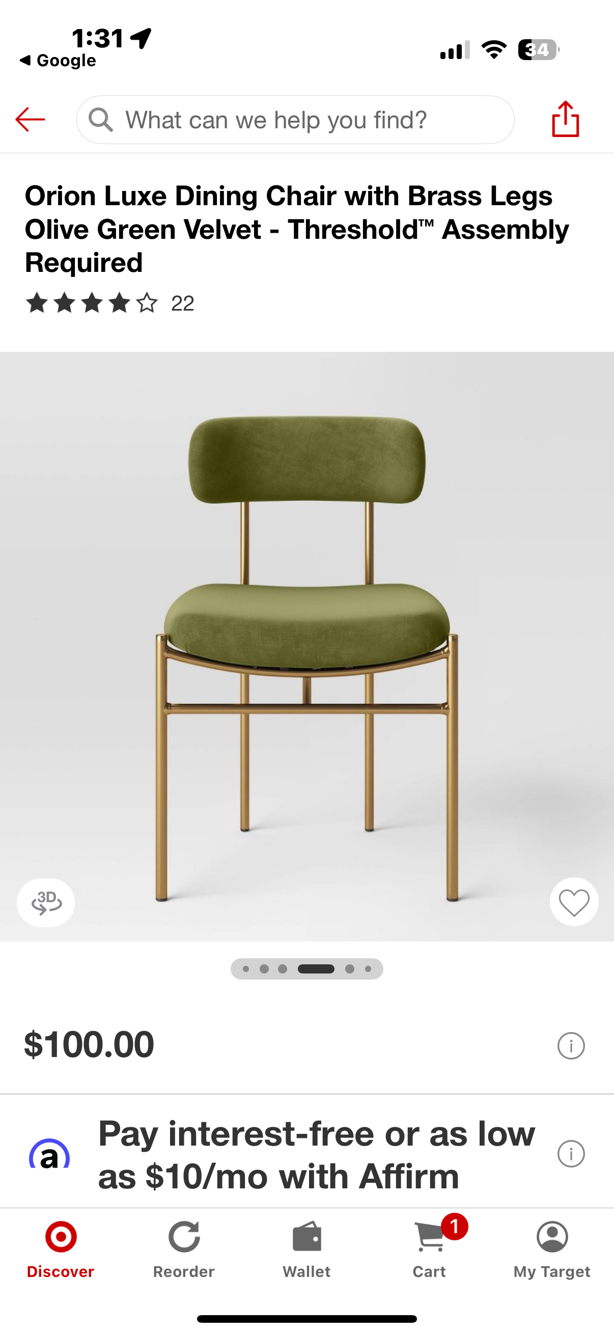 Orion Luxe Chair with Brass Legs Olive Green Velvet - Threshold™