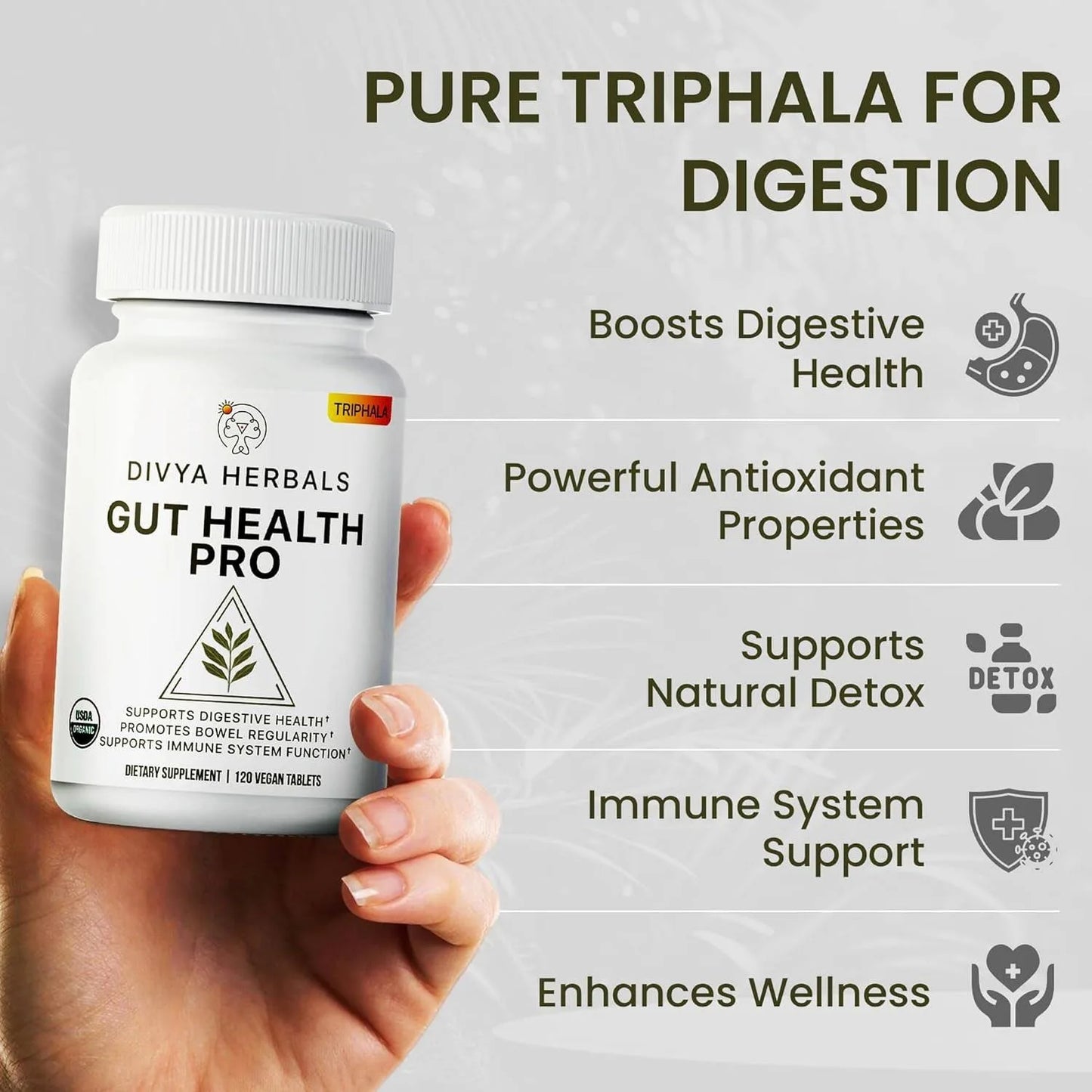 Divya Herbals Gut Health Pro - Bloat Relief, Detox & Digestive Support - 100% Pure Organic Triphala Supplement - for Women & Men - Uncoated Vegan Tablets -120Ct