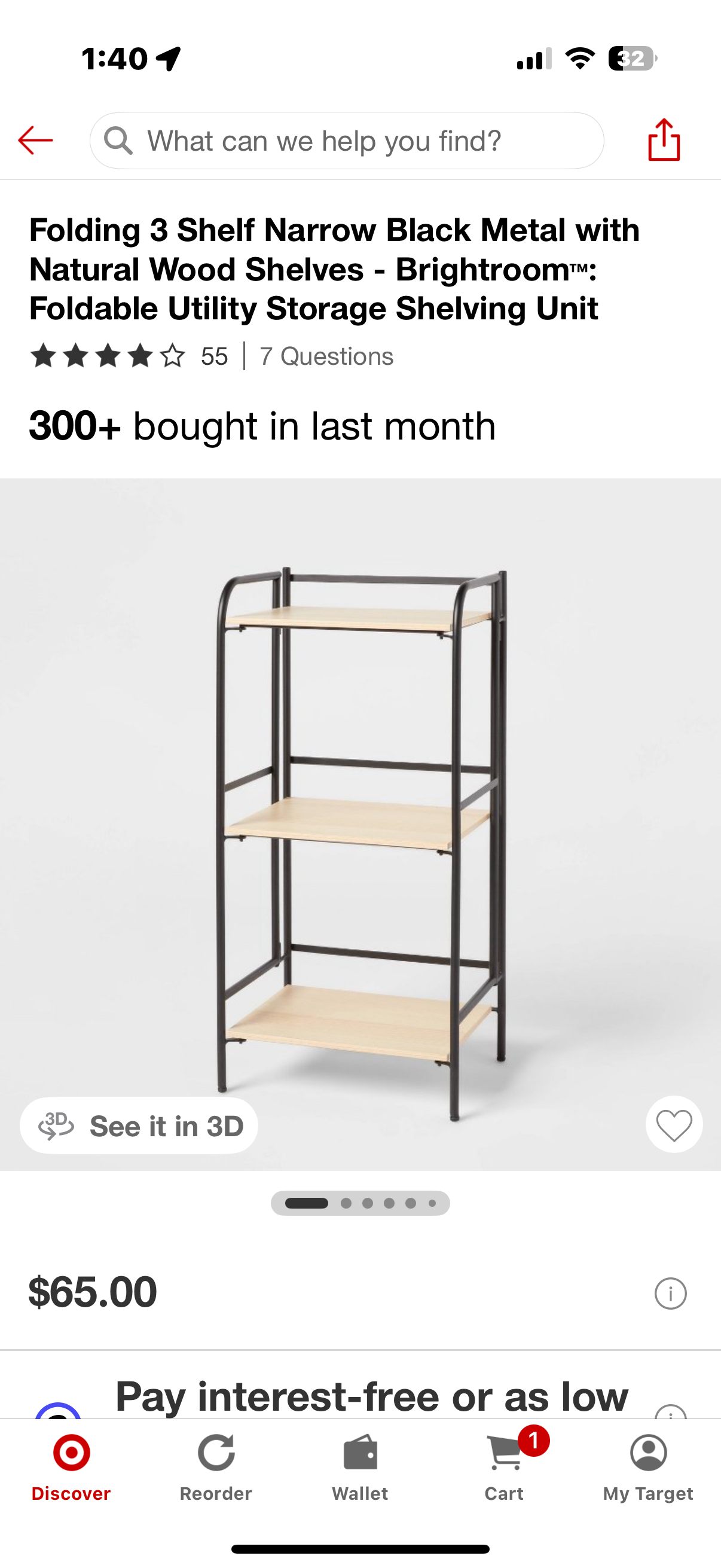 Folding 3 Shelf Narrow Black Metal with Natural Wood Shelves - Brightroom™: Foldable Utility Storage Shelving Unit