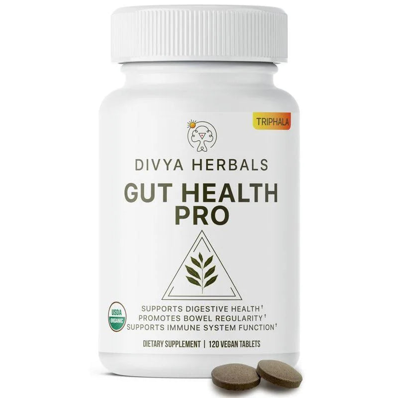 Divya Herbals Gut Health Pro - Bloat Relief, Detox & Digestive Support - 100% Pure Organic Triphala Supplement - for Women & Men - Uncoated Vegan Tablets -120Ct