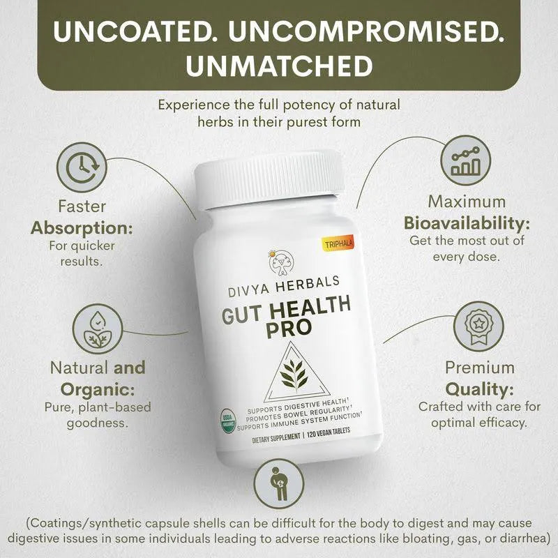 Divya Herbals Gut Health Pro - Bloat Relief, Detox & Digestive Support - 100% Pure Organic Triphala Supplement - for Women & Men - Uncoated Vegan Tablets -120Ct